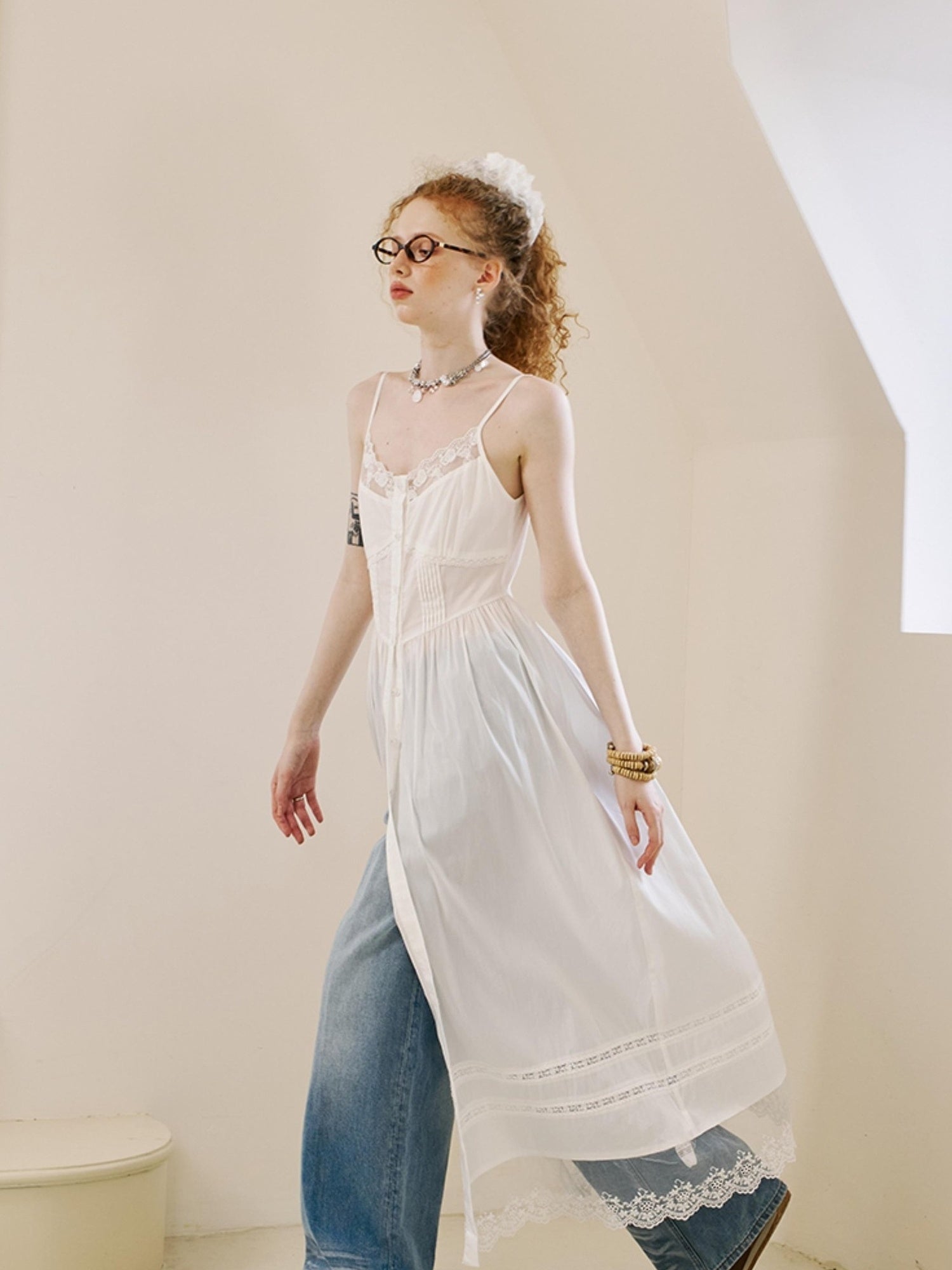 DIDDI MODA Lace Overlay Slip Dress With Floral Embroidery