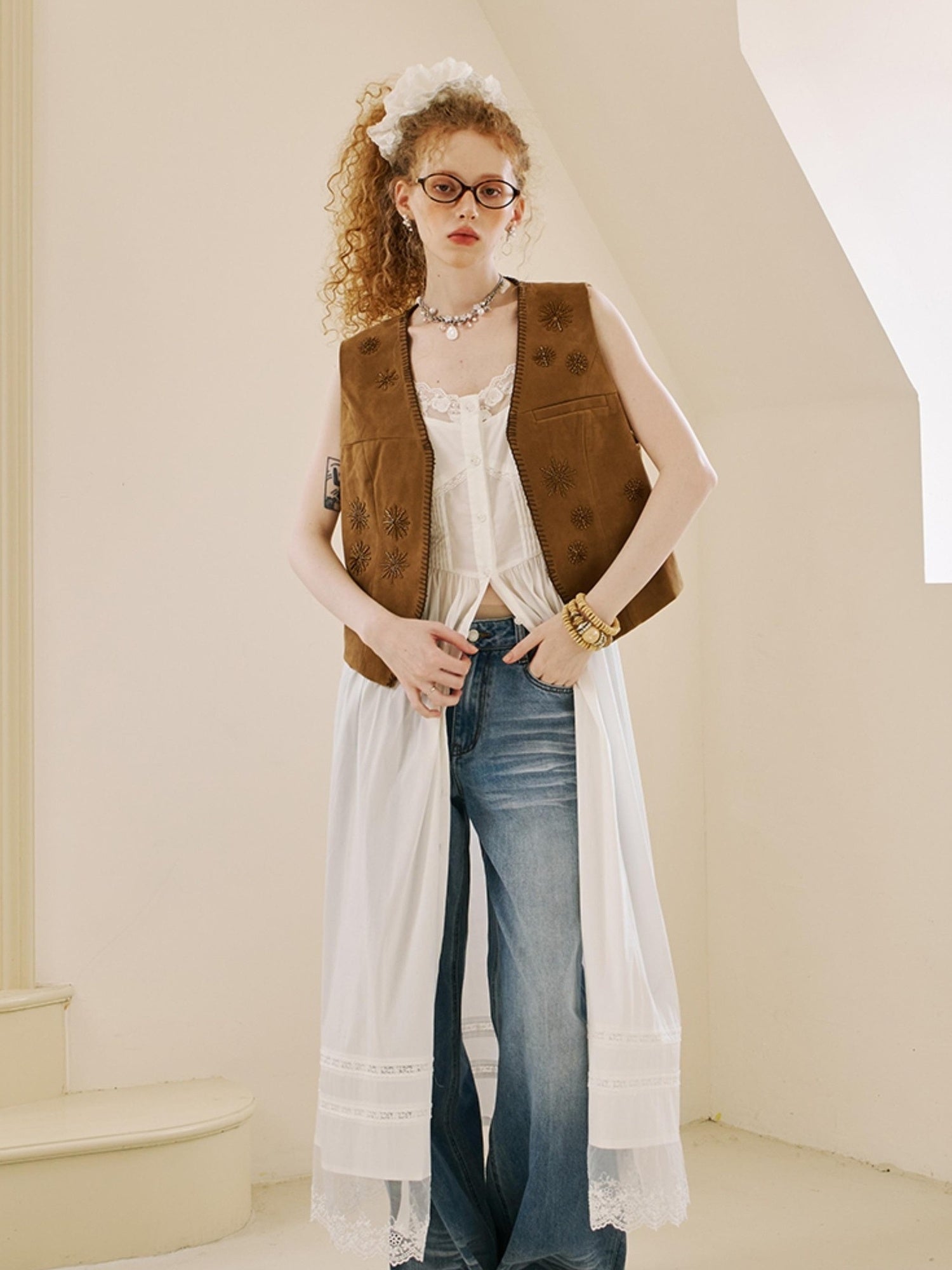 DIDDI MODA Lace Overlay Slip Dress With Floral Embroidery