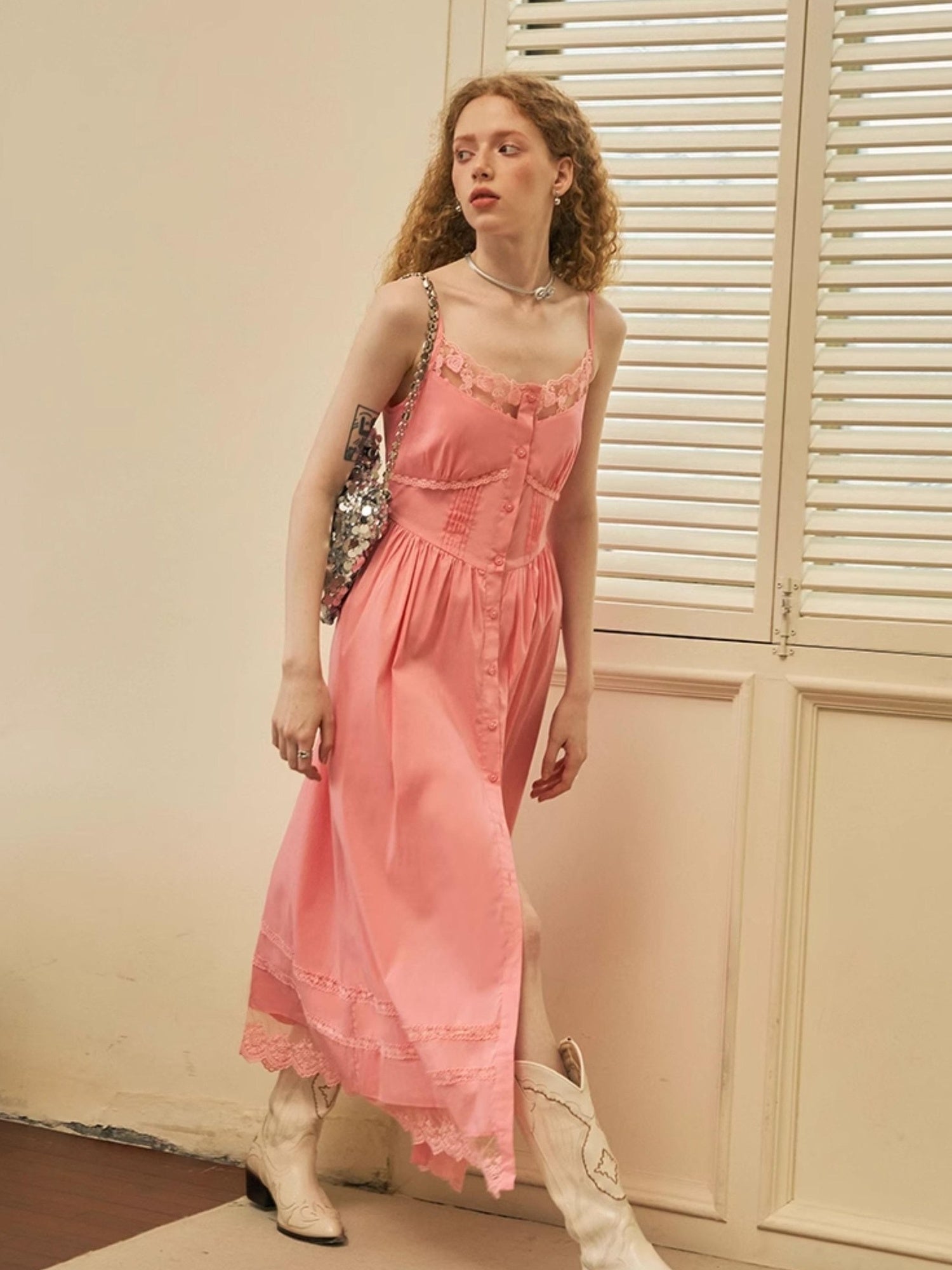 DIDDI MODA Lace Overlay Slip Dress With Floral Embroidery