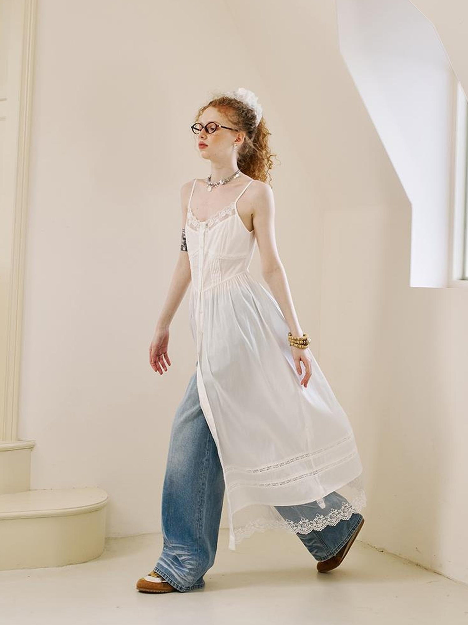 DIDDI MODA Lace Overlay Slip Dress With Floral Embroidery