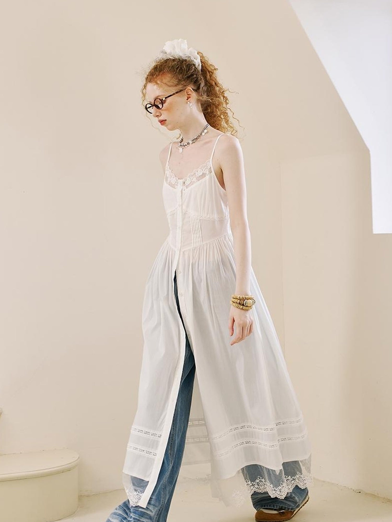 DIDDI MODA Lace Overlay Slip Dress With Floral Embroidery