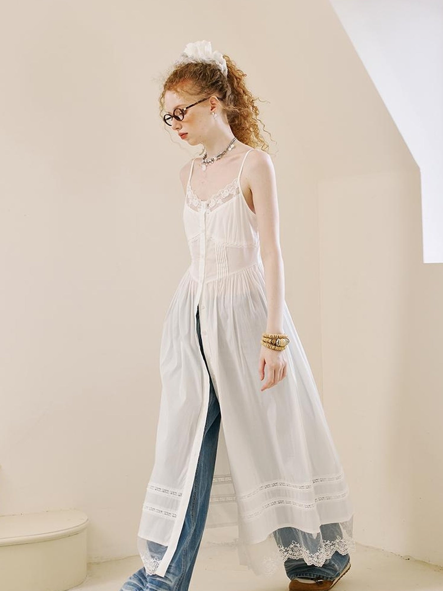 DIDDI MODA Lace Overlay Slip Dress With Floral Embroidery