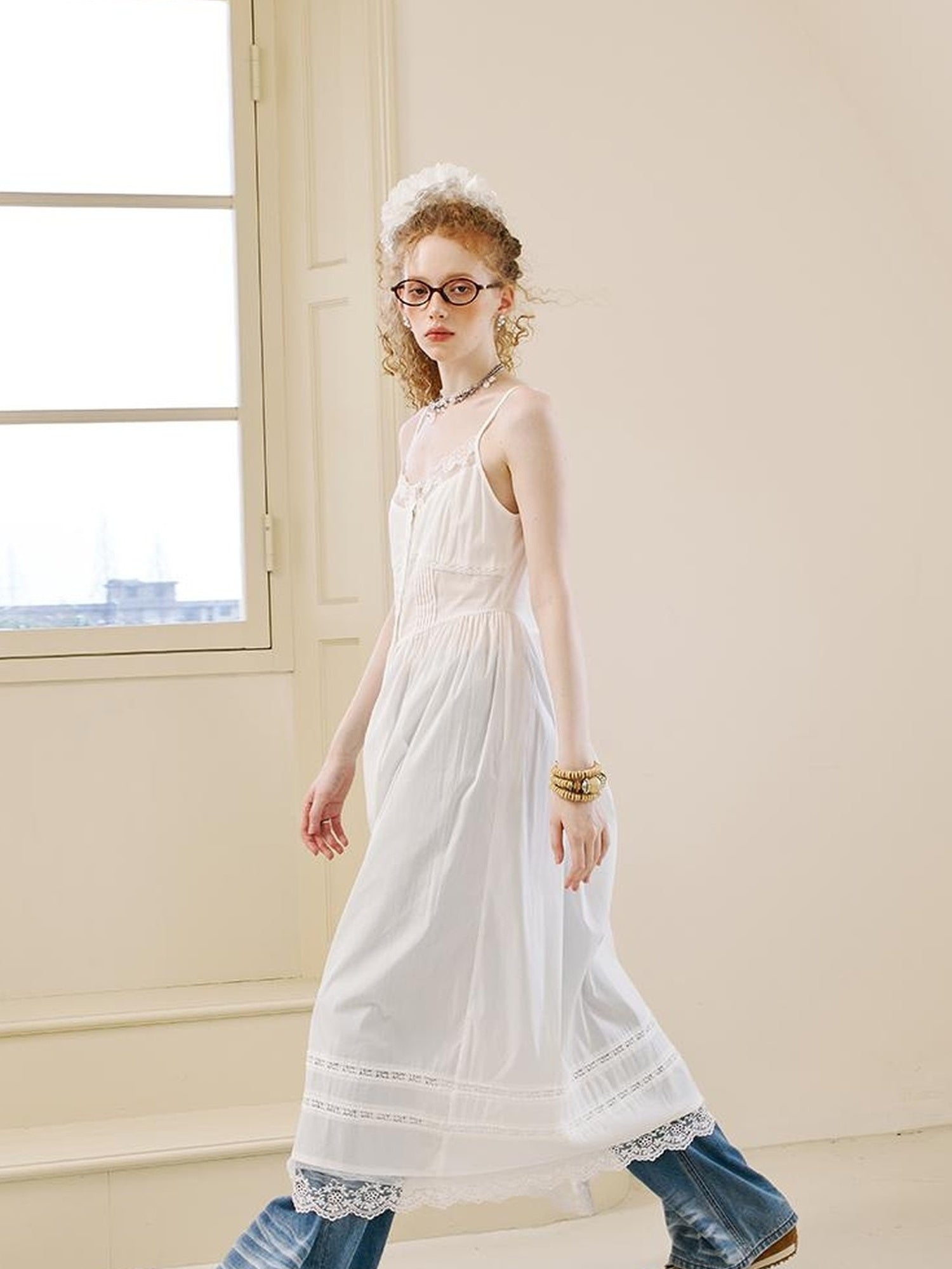 DIDDI MODA Lace Overlay Slip Dress With Floral Embroidery