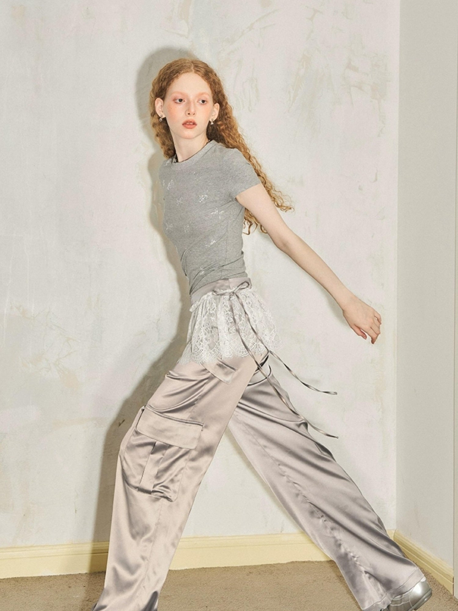 DIDDI MODA Lace Paneled Satin Cargo Pants