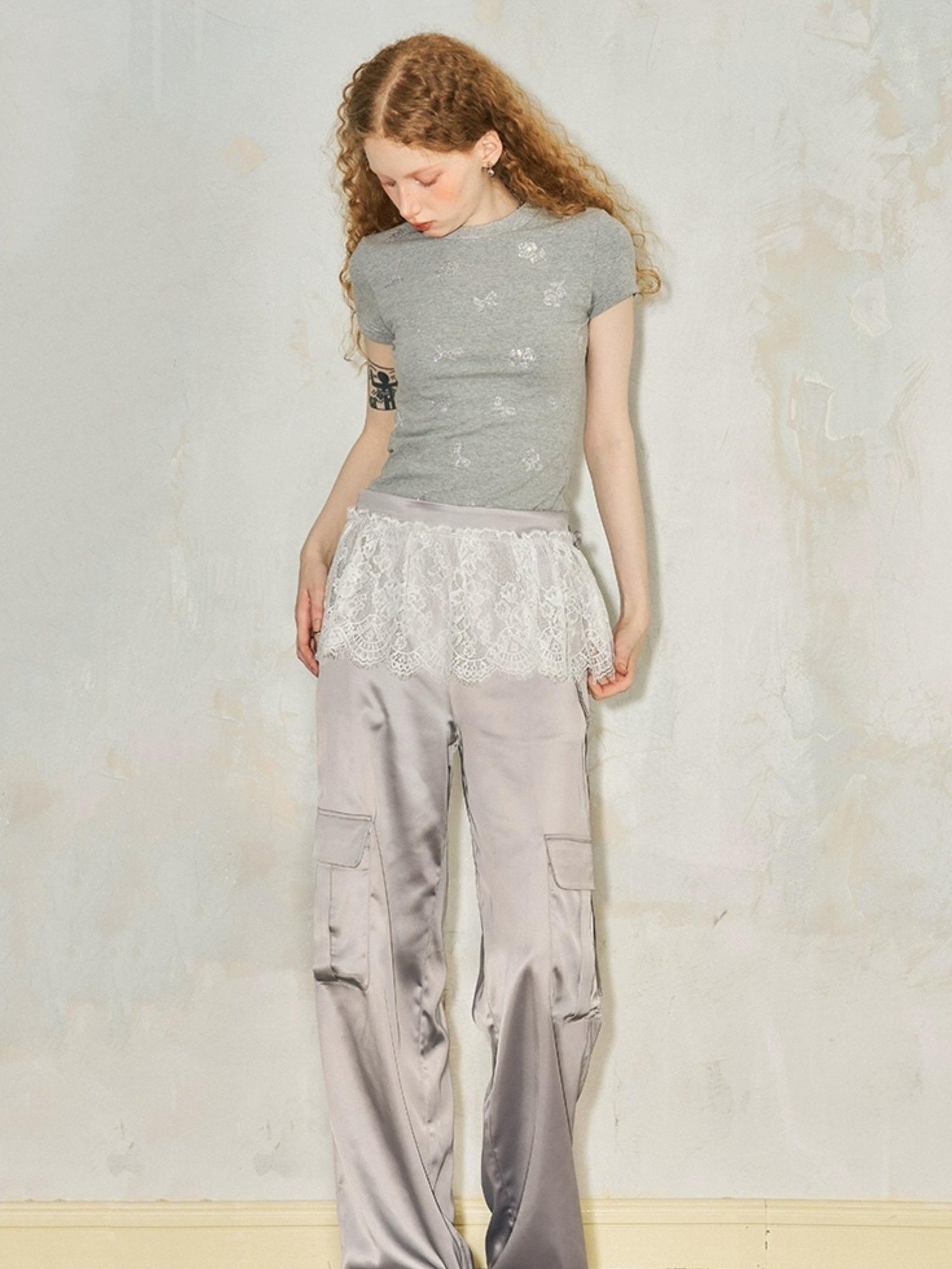 DIDDI MODA Lace Paneled Satin Cargo Pants