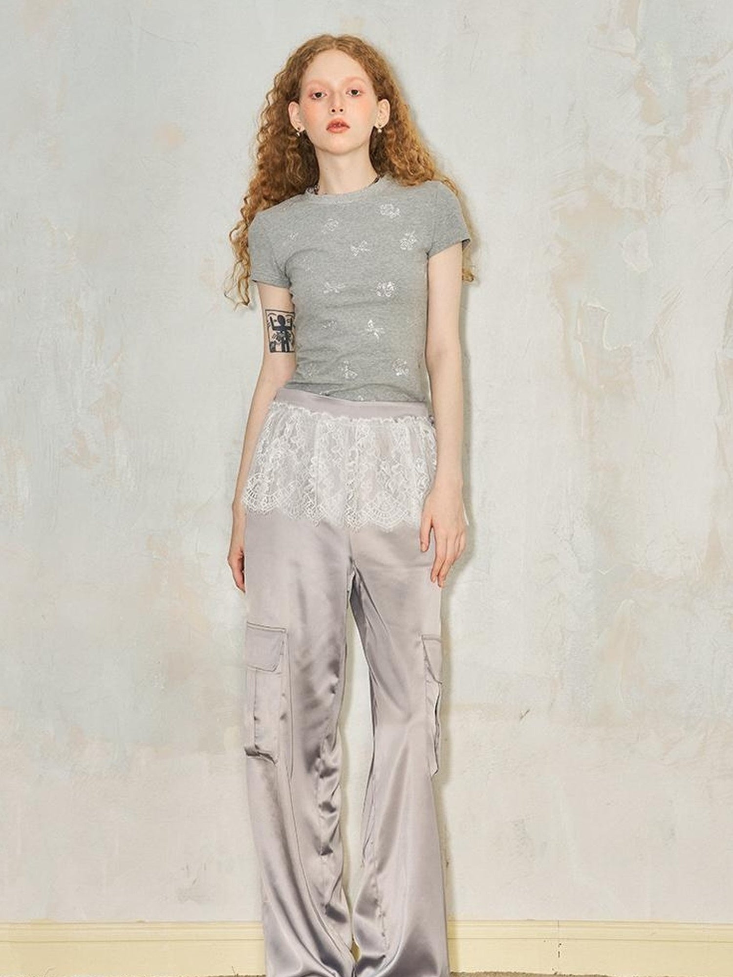 DIDDI MODA Lace Paneled Satin Cargo Pants