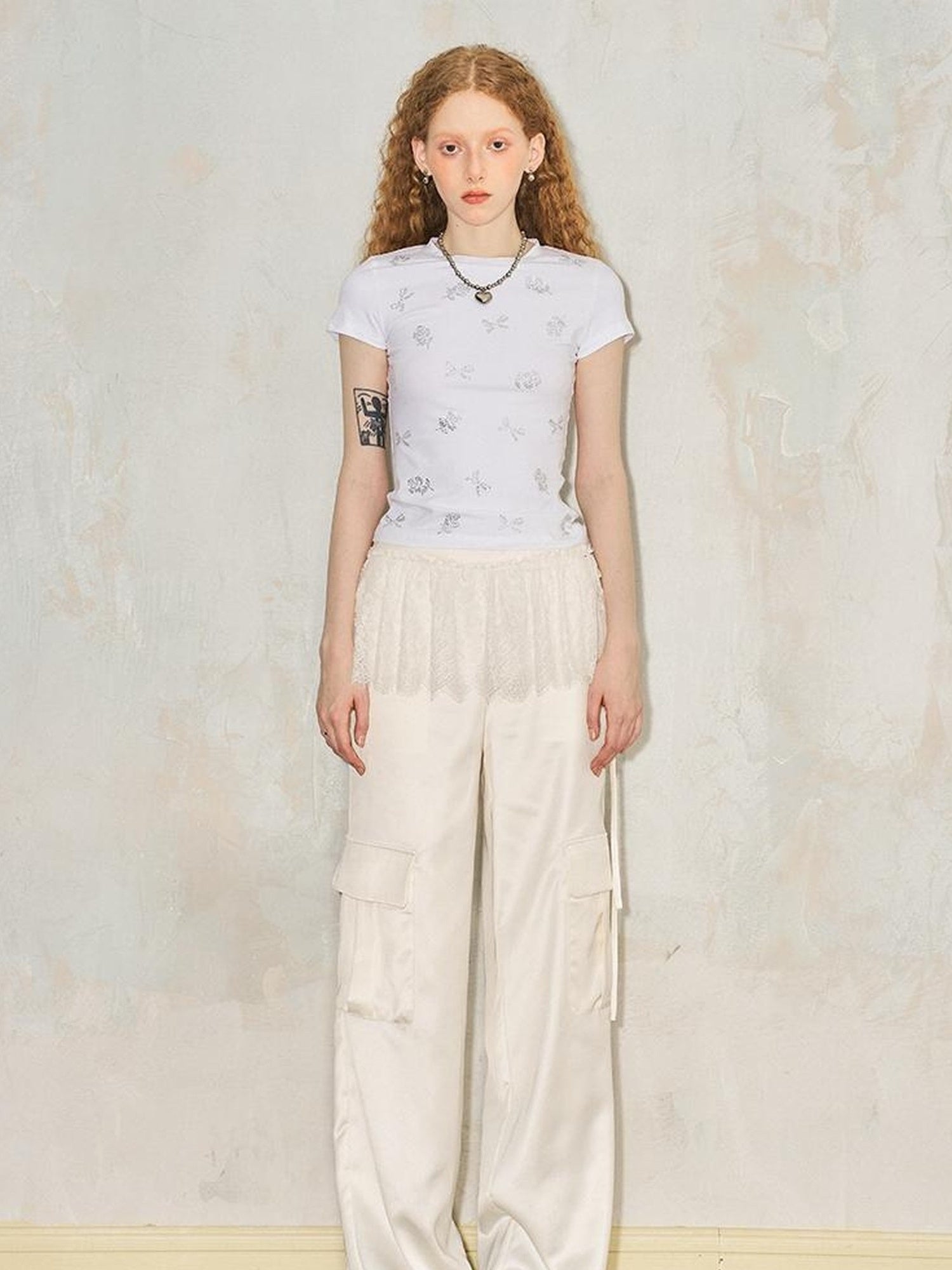 DIDDI MODA Lace Paneled Satin Cargo Pants