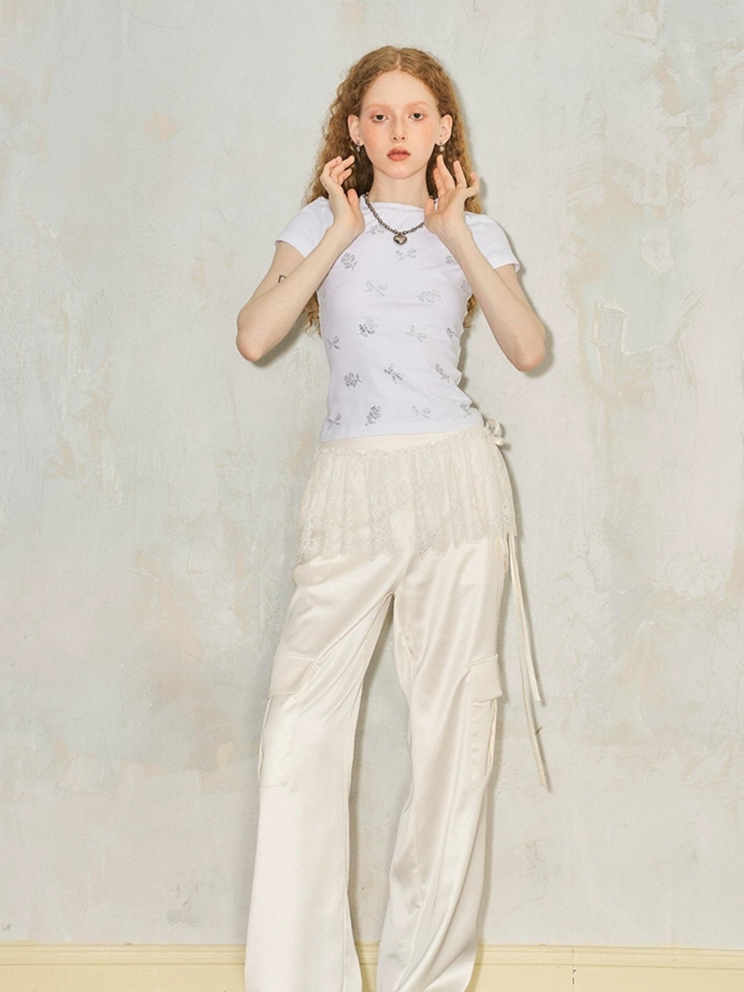 DIDDI MODA Lace Paneled Satin Cargo Pants