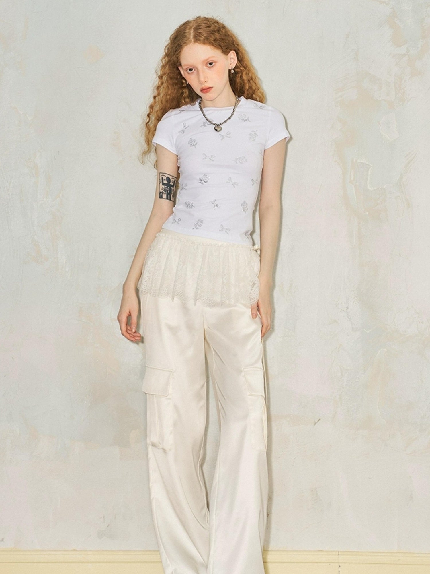 DIDDI MODA Lace Paneled Satin Cargo Pants