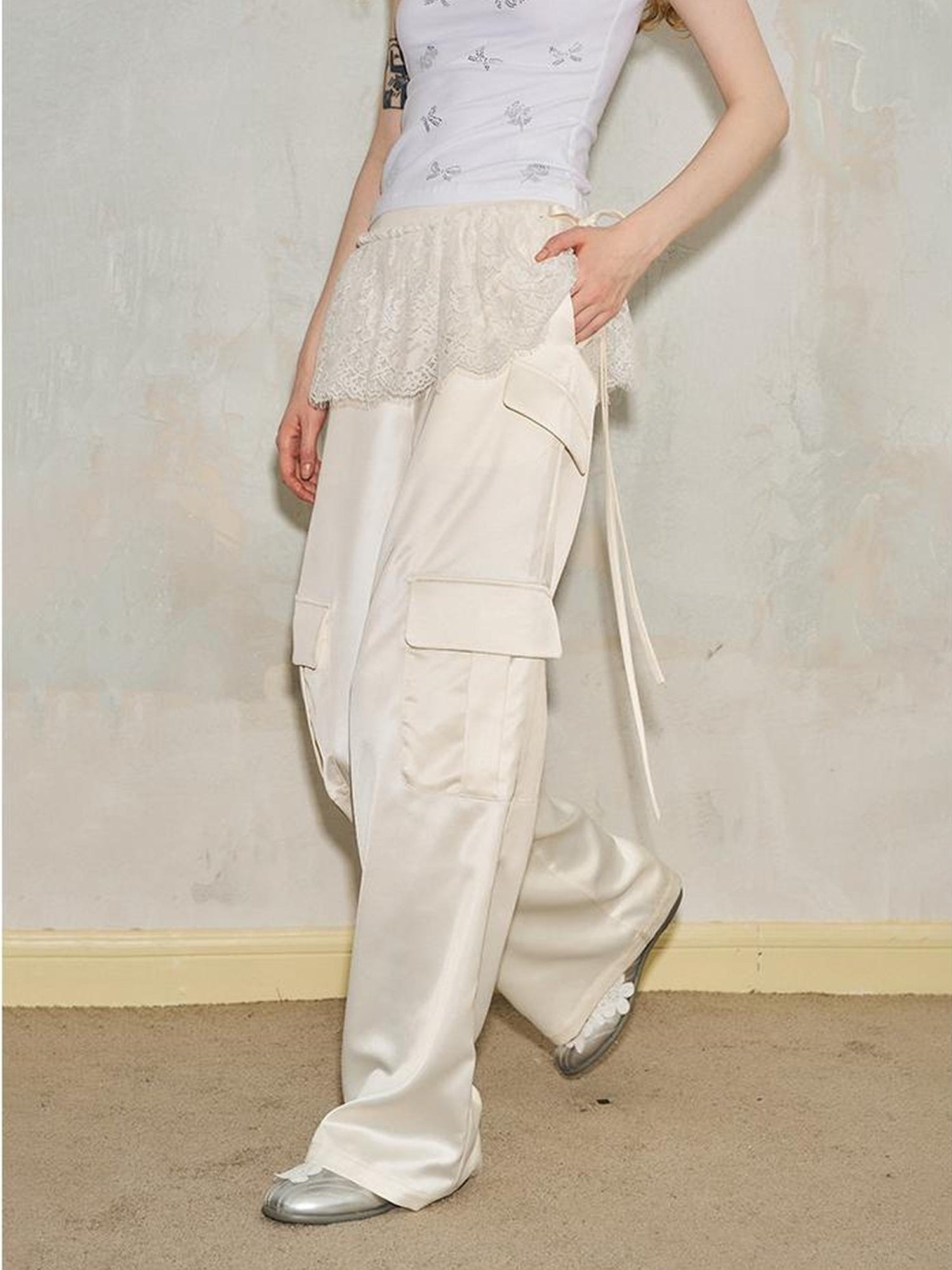 DIDDI MODA Lace Paneled Satin Cargo Pants