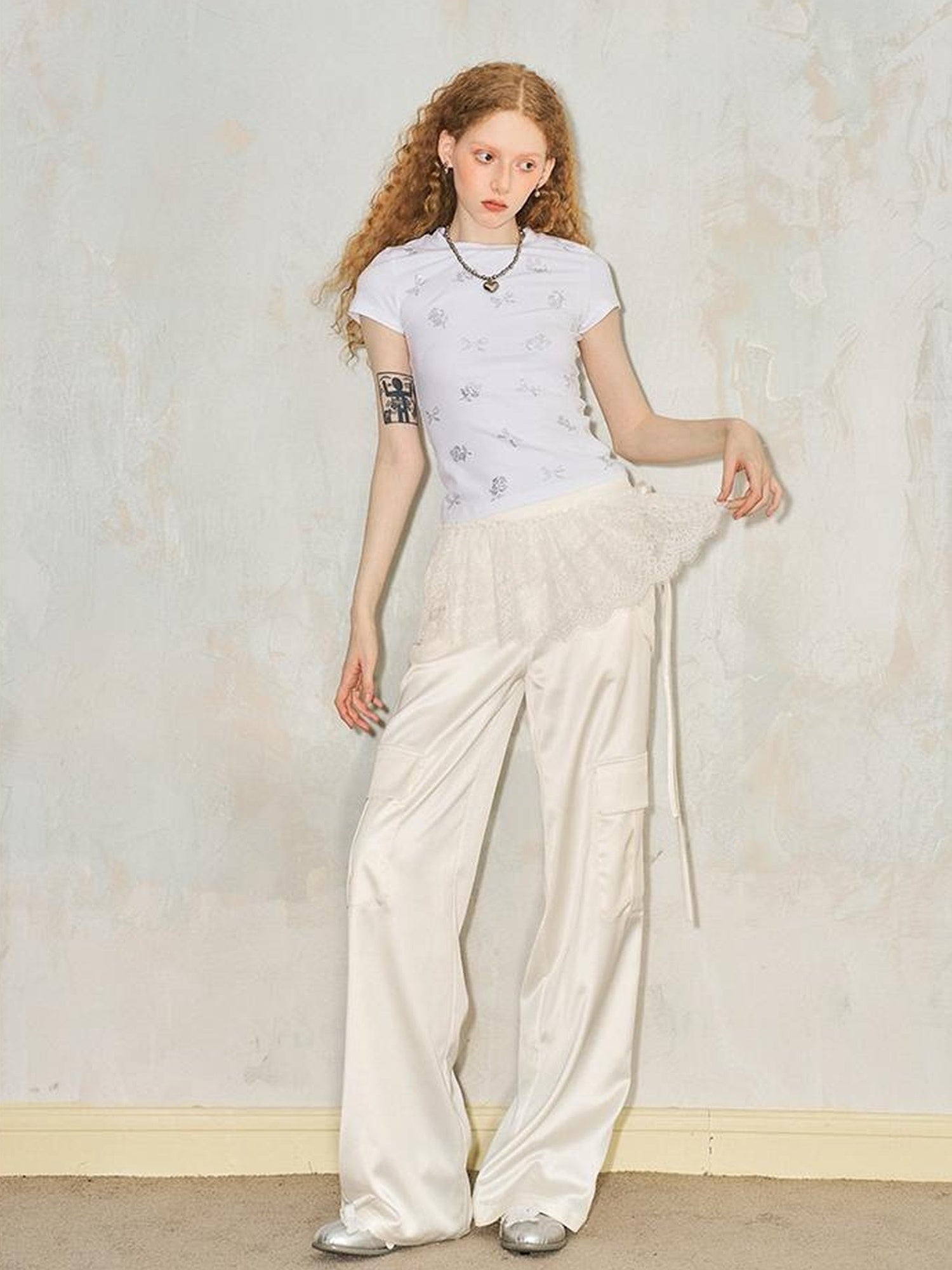 DIDDI MODA Lace Paneled Satin Cargo Pants