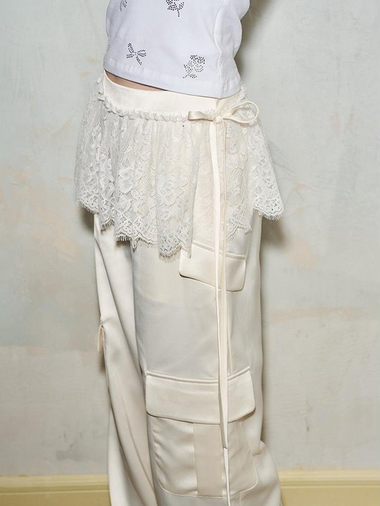 DIDDI MODA Lace Paneled Satin Cargo Pants