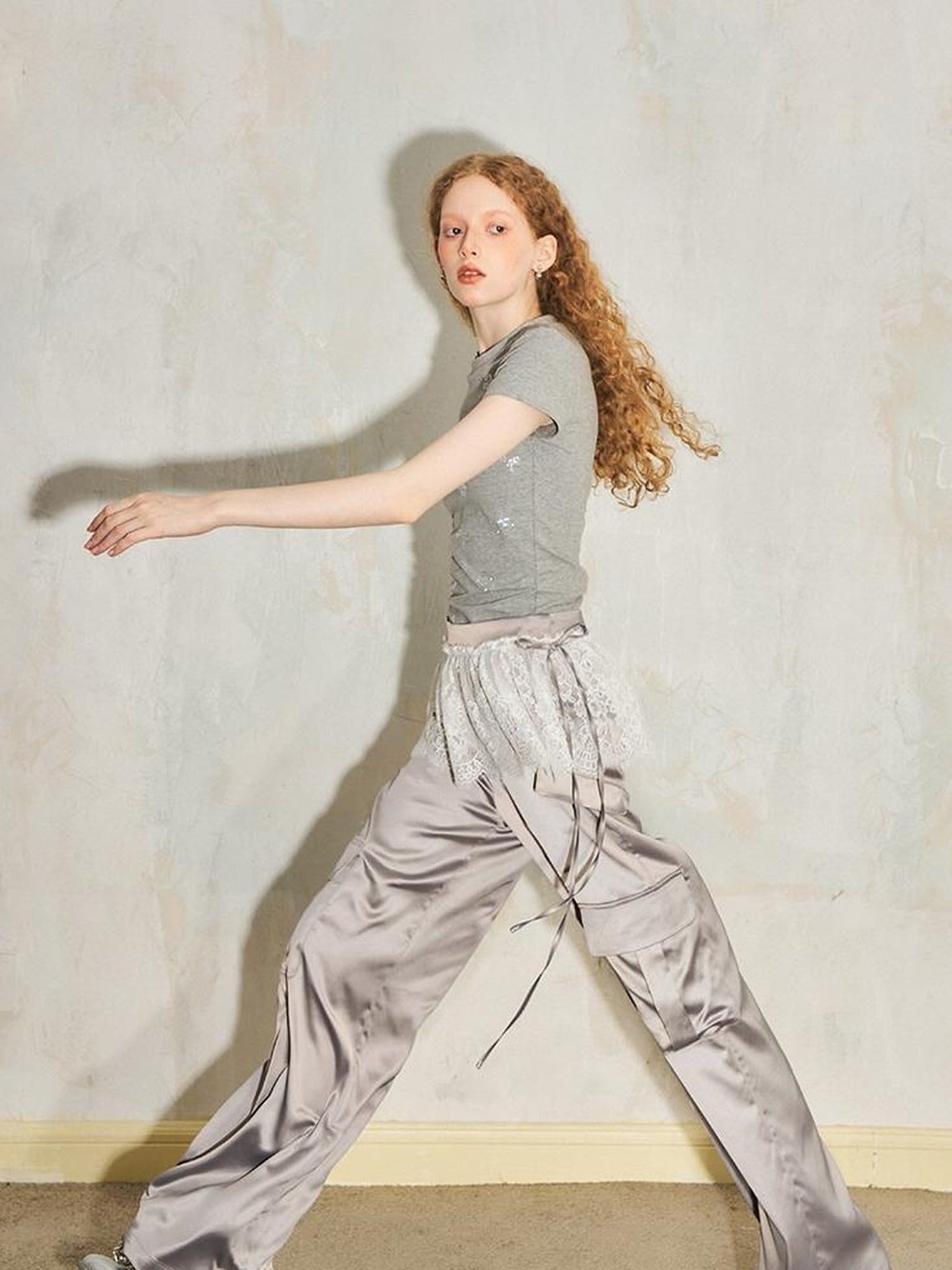 DIDDI MODA Lace Paneled Satin Cargo Pants