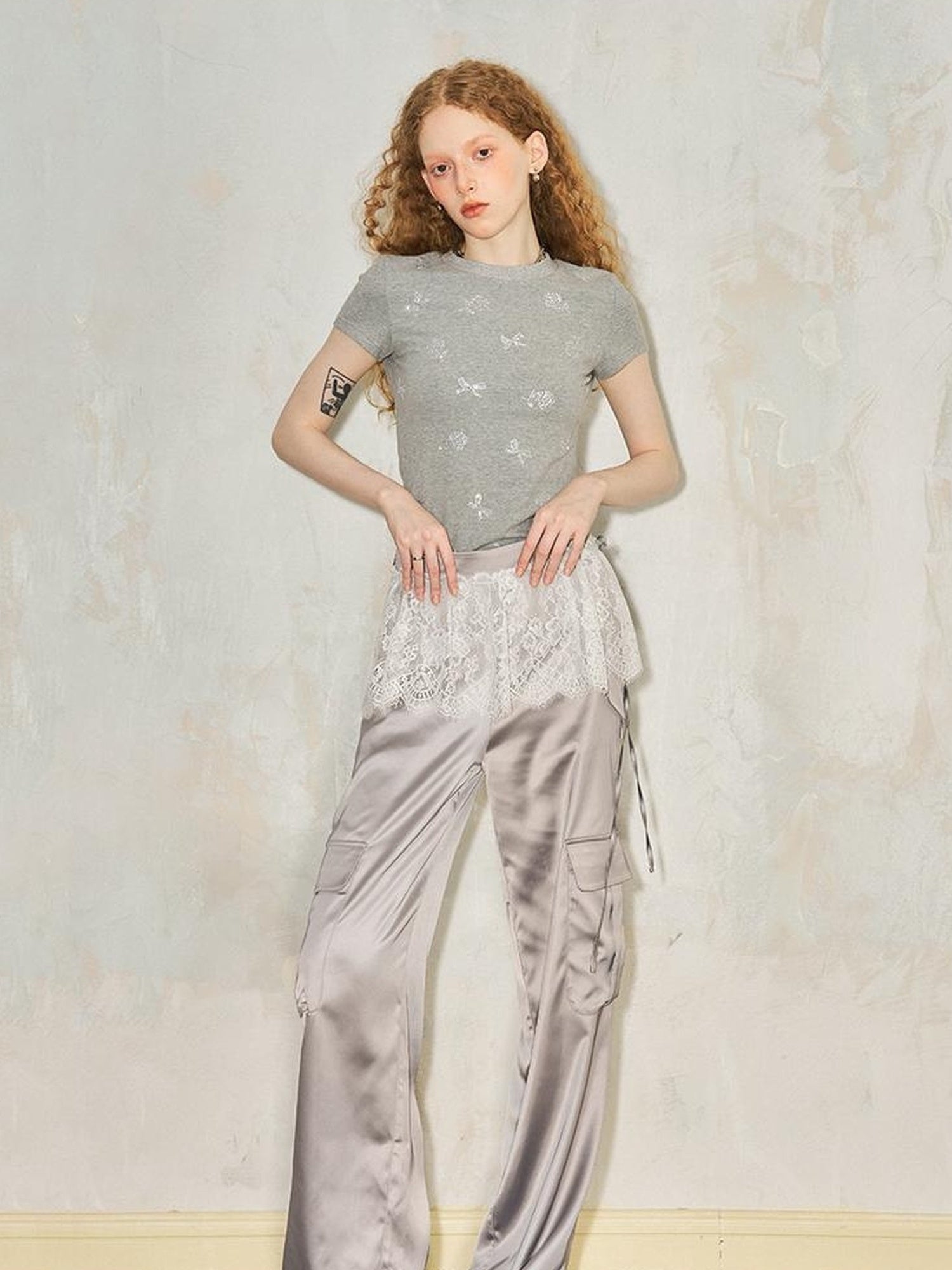 DIDDI MODA Lace Paneled Satin Cargo Pants