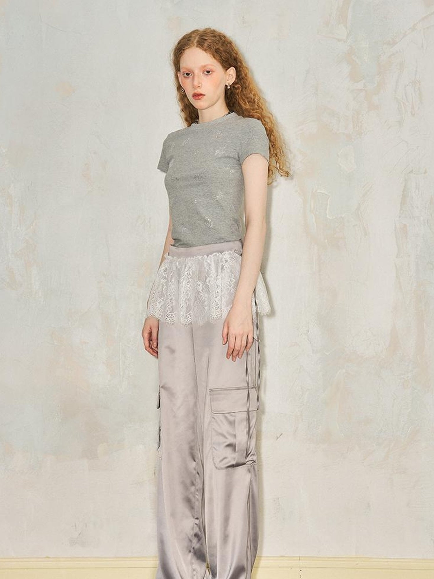 DIDDI MODA Lace Paneled Satin Cargo Pants