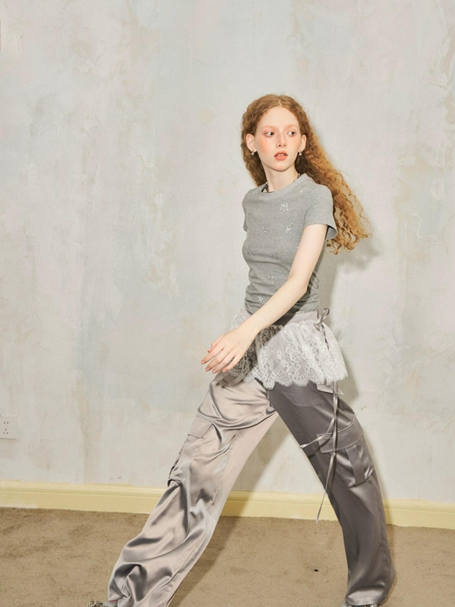 DIDDI MODA Lace Paneled Satin Cargo Pants