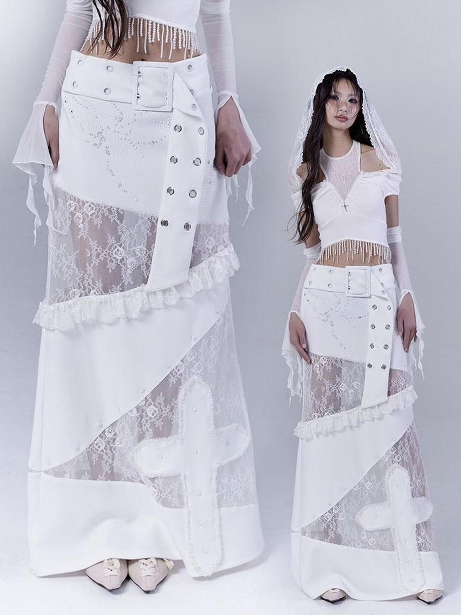 WSW WUSHENWU Lace Patched Punk Silhouette Slit Maxi Dress