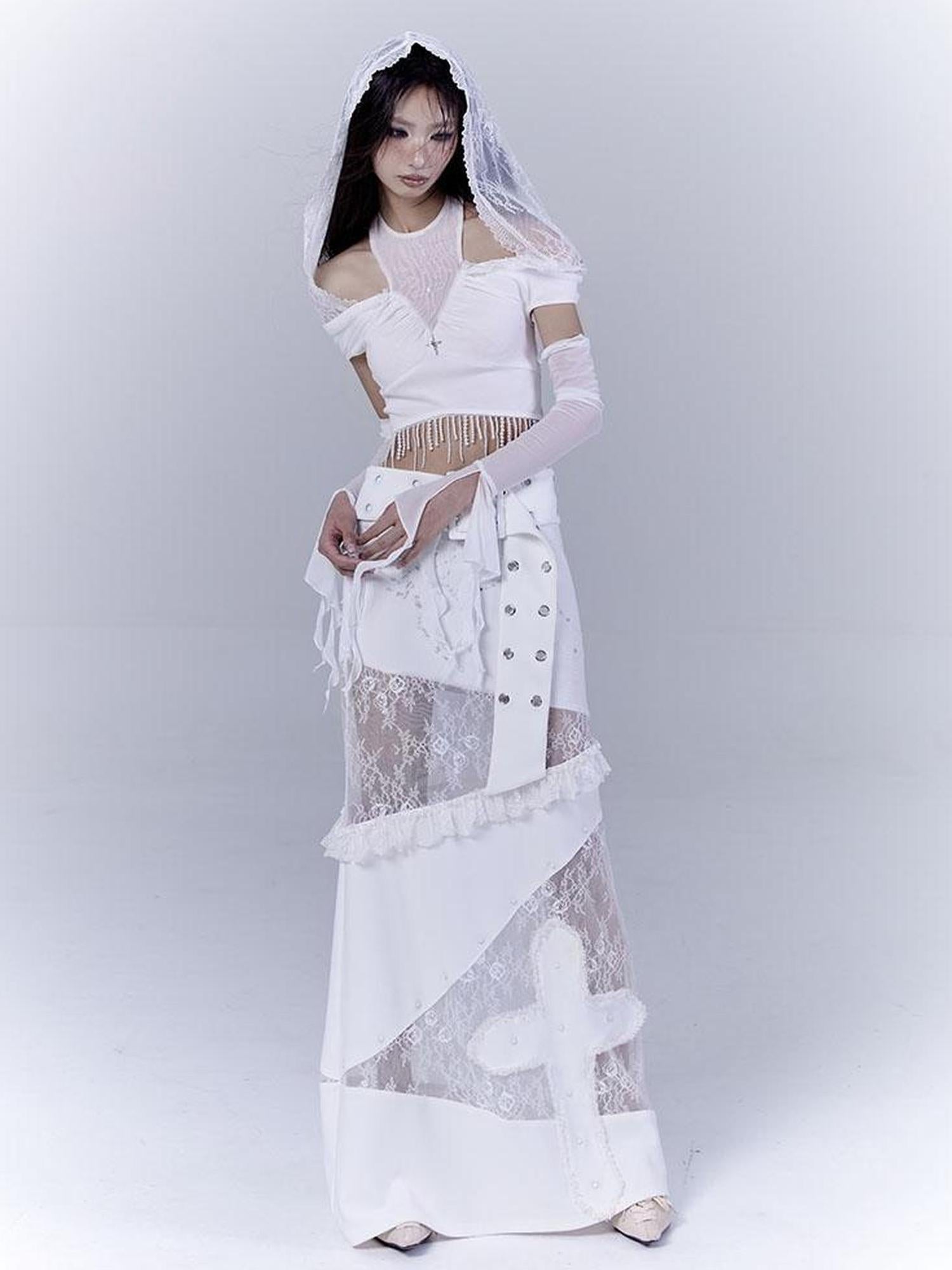 WSW WUSHENWU Lace Patched Punk Silhouette Slit Maxi Dress