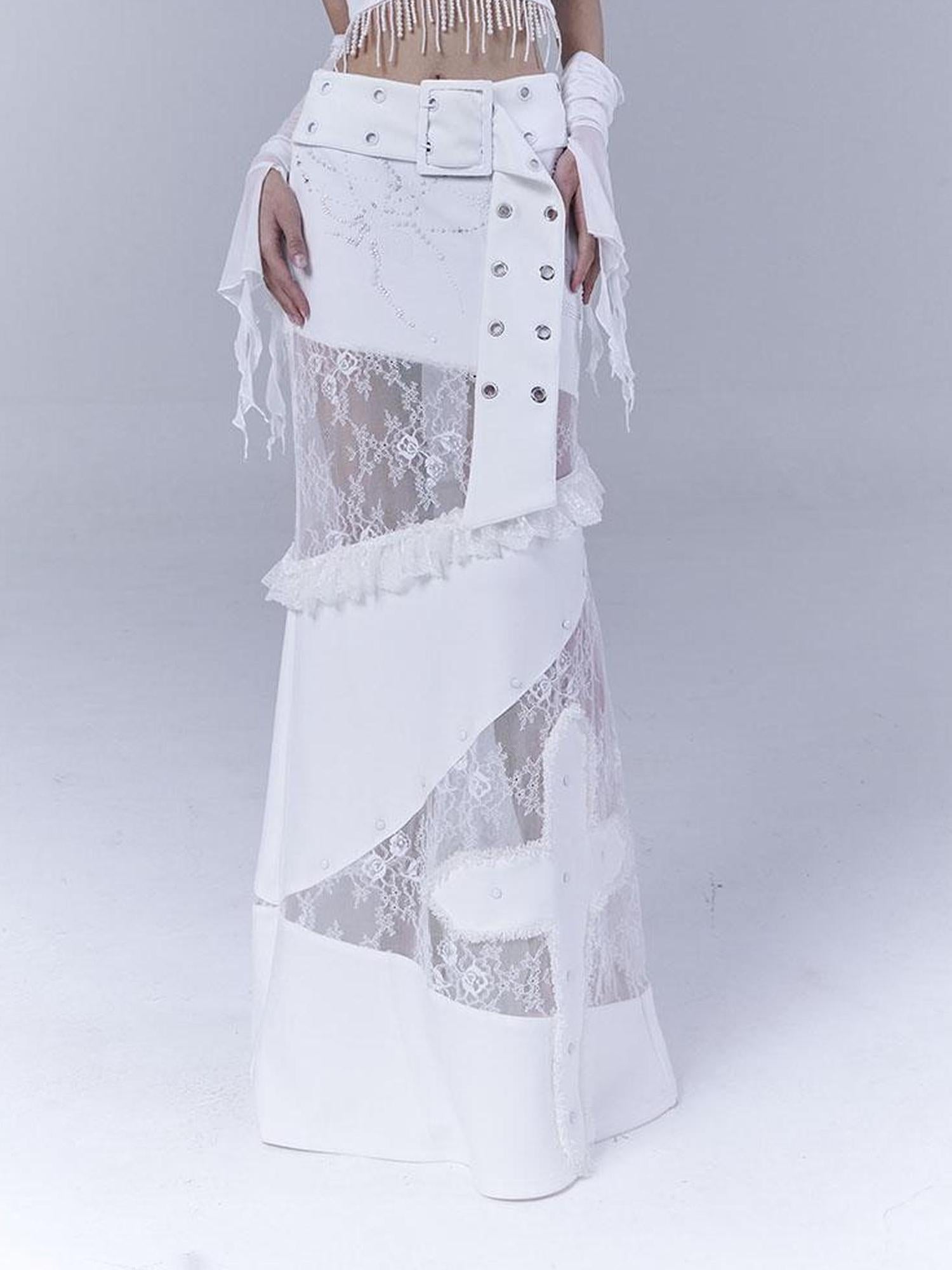 WSW WUSHENWU Lace Patched Punk Silhouette Slit Maxi Dress