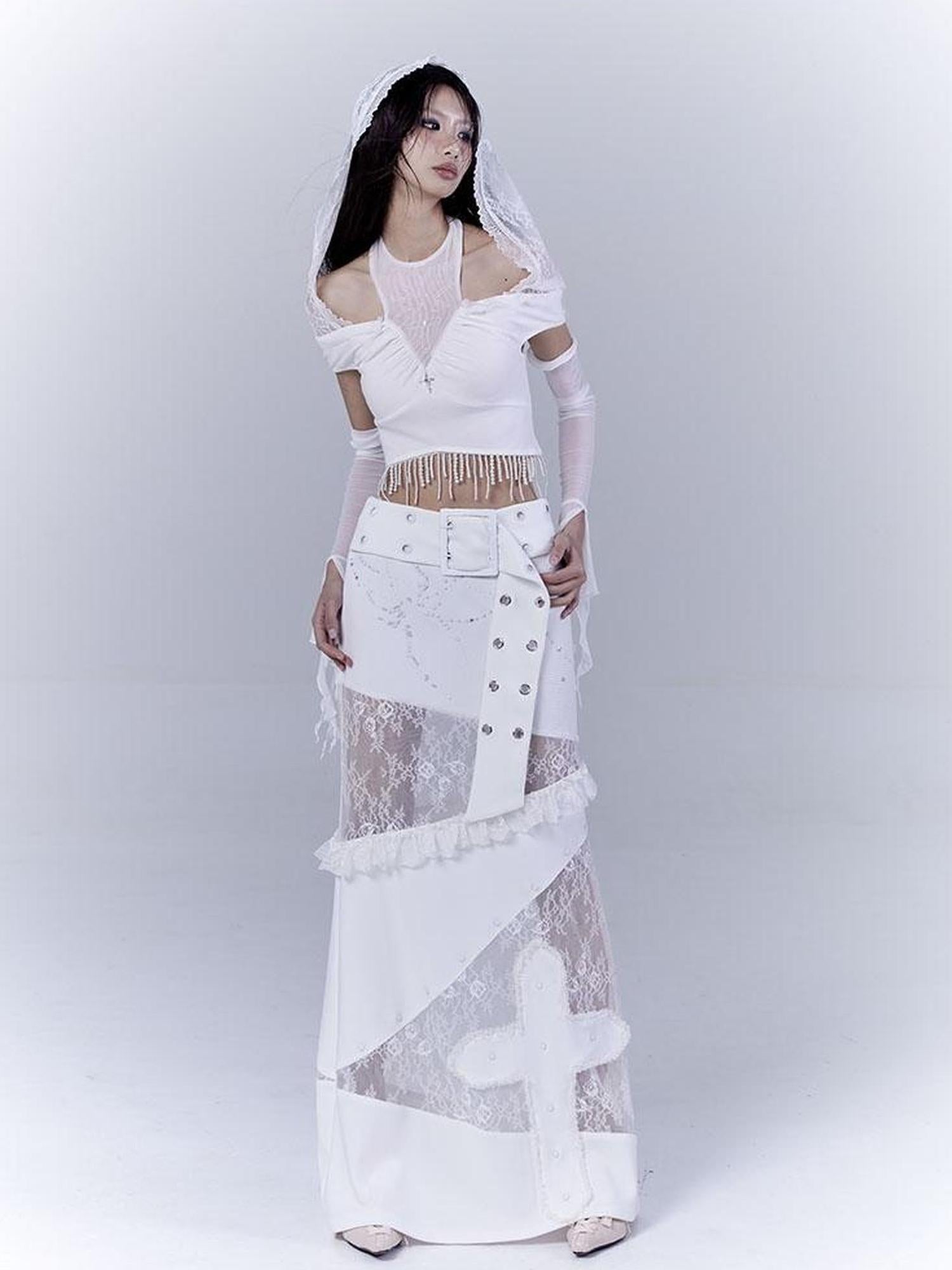 WSW WUSHENWU Lace Patched Punk Silhouette Slit Maxi Dress