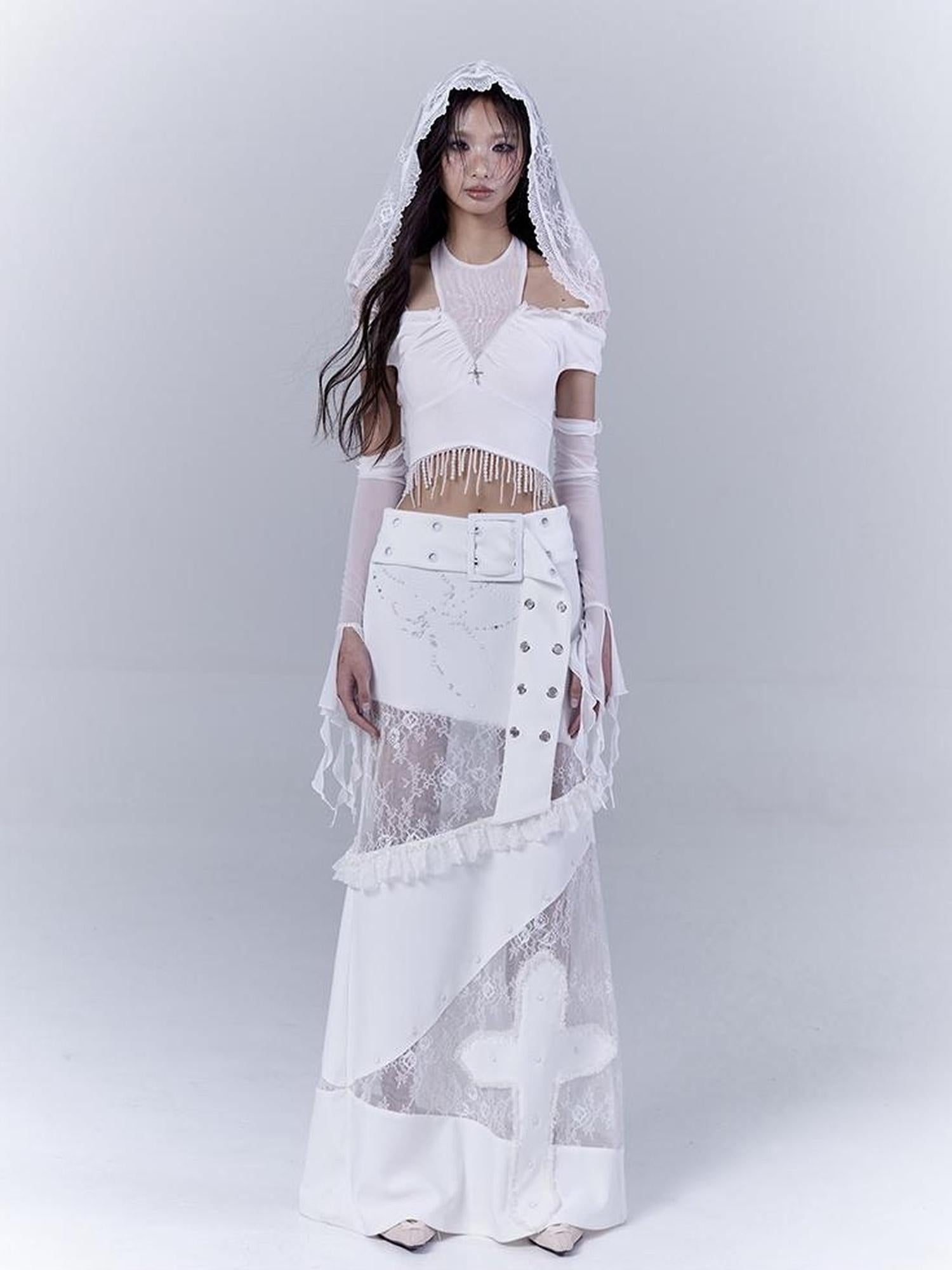 WSW WUSHENWU Lace Patched Punk Silhouette Slit Maxi Dress