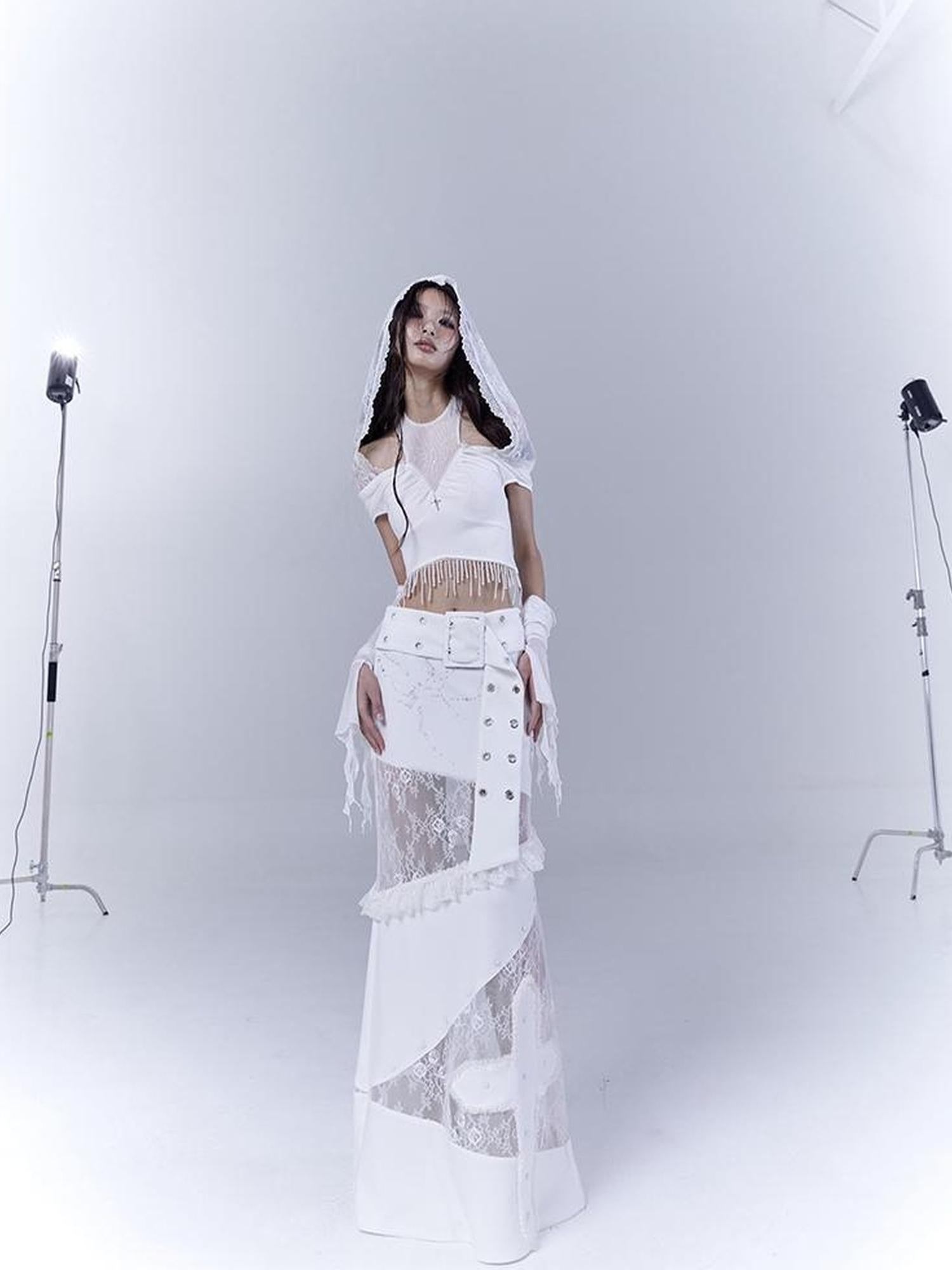 WSW WUSHENWU Lace Patched Punk Silhouette Slit Maxi Dress