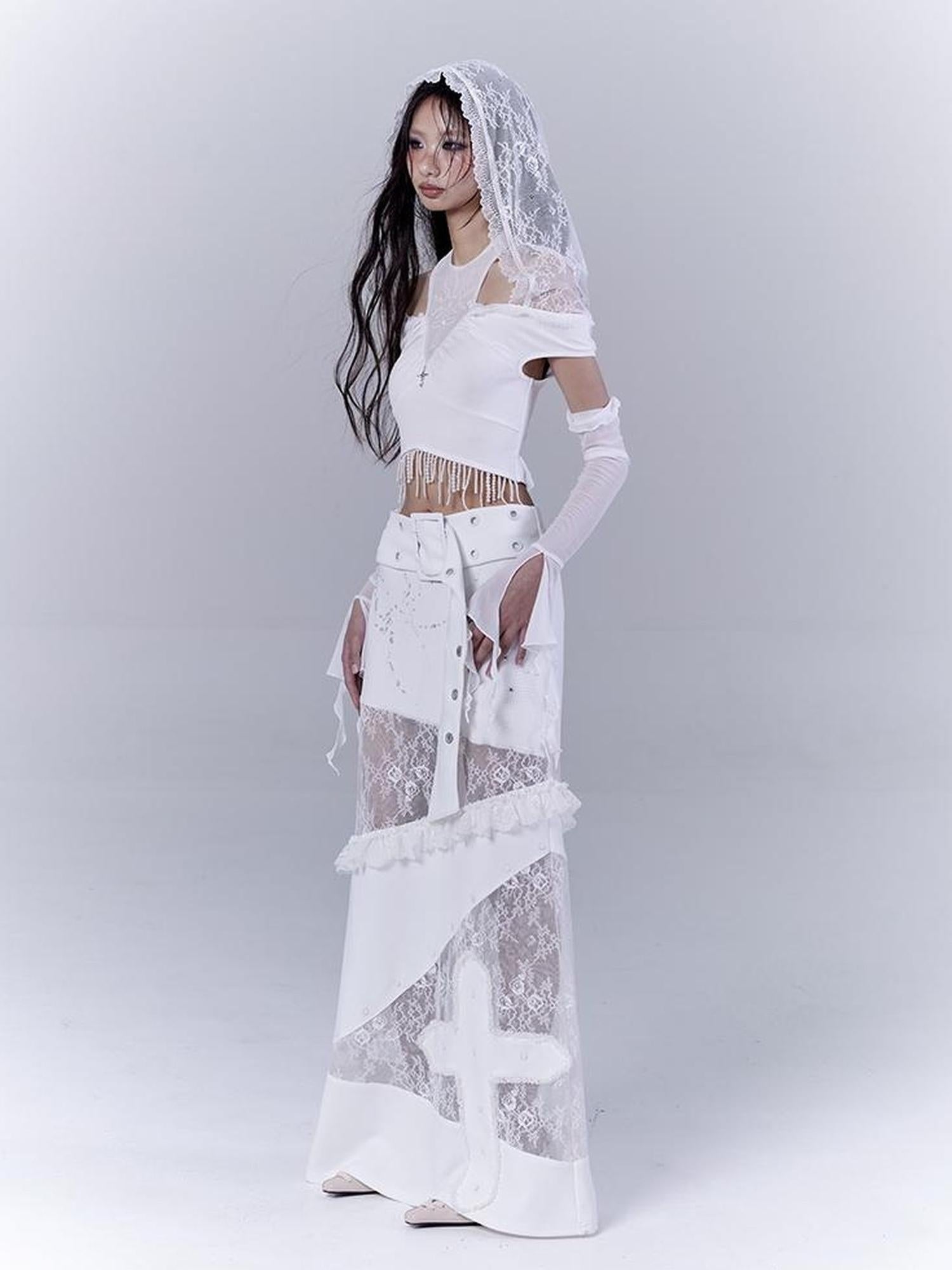 WSW WUSHENWU Lace Patched Punk Silhouette Slit Maxi Dress