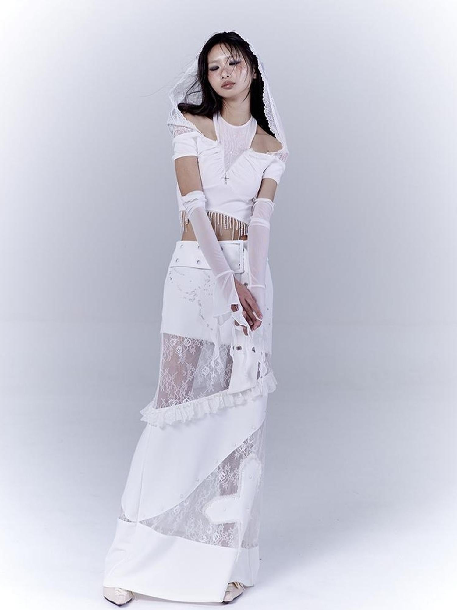 WSW WUSHENWU Lace Patched Punk Silhouette Slit Maxi Dress