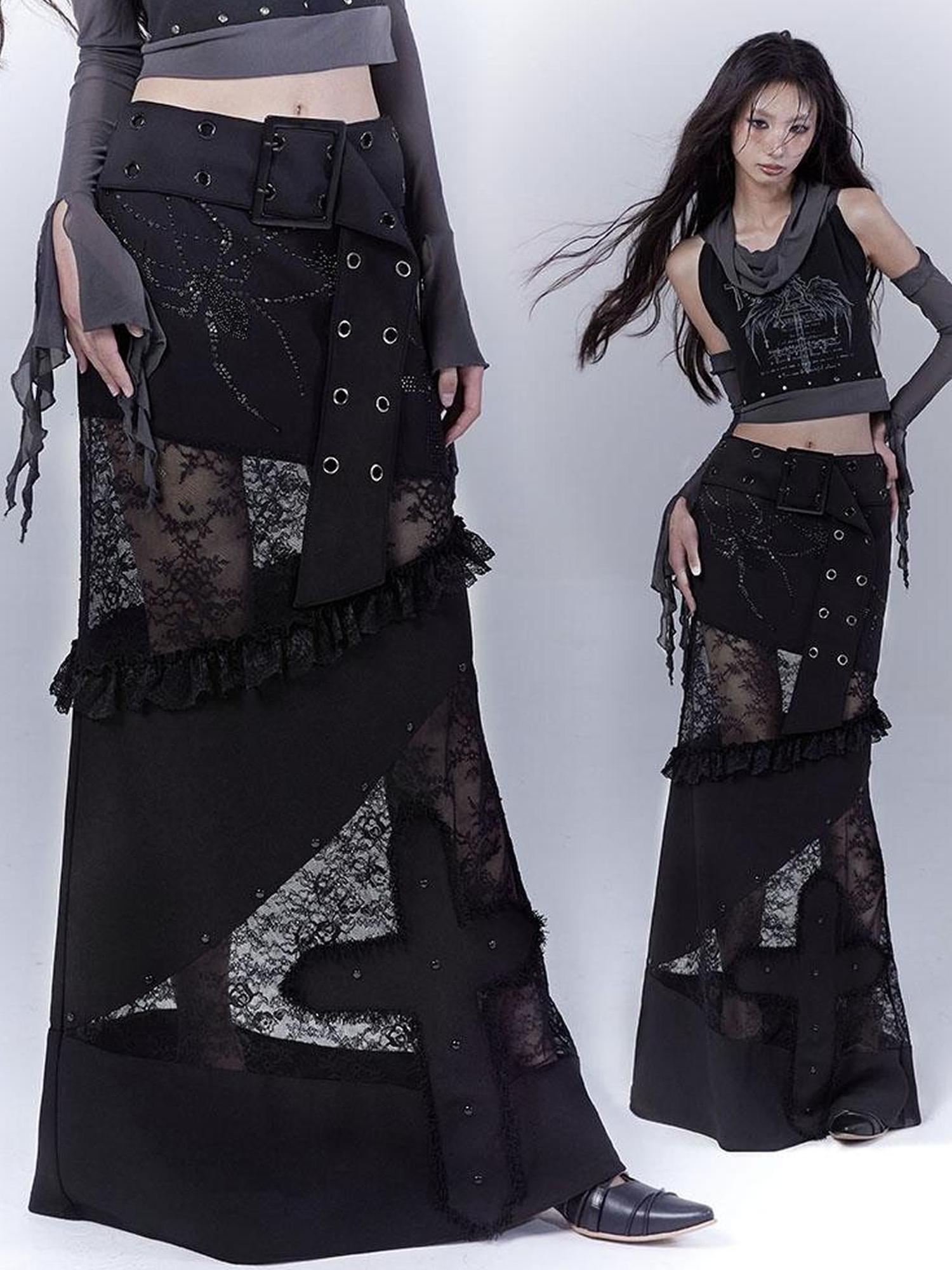 WSW WUSHENWU Lace Patchwork Dark Low Rise Slim Straight Skirt