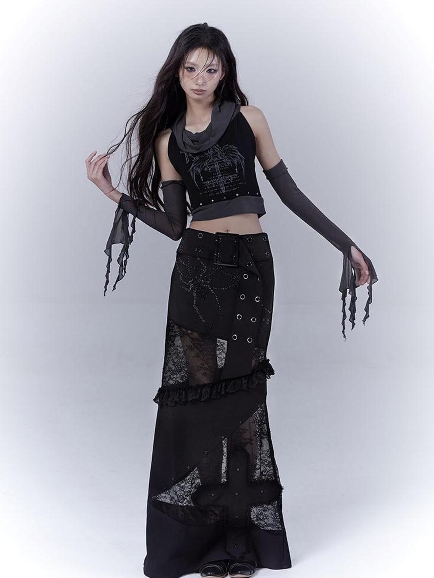 WSW WUSHENWU Lace Patchwork Dark Low Rise Slim Straight Skirt