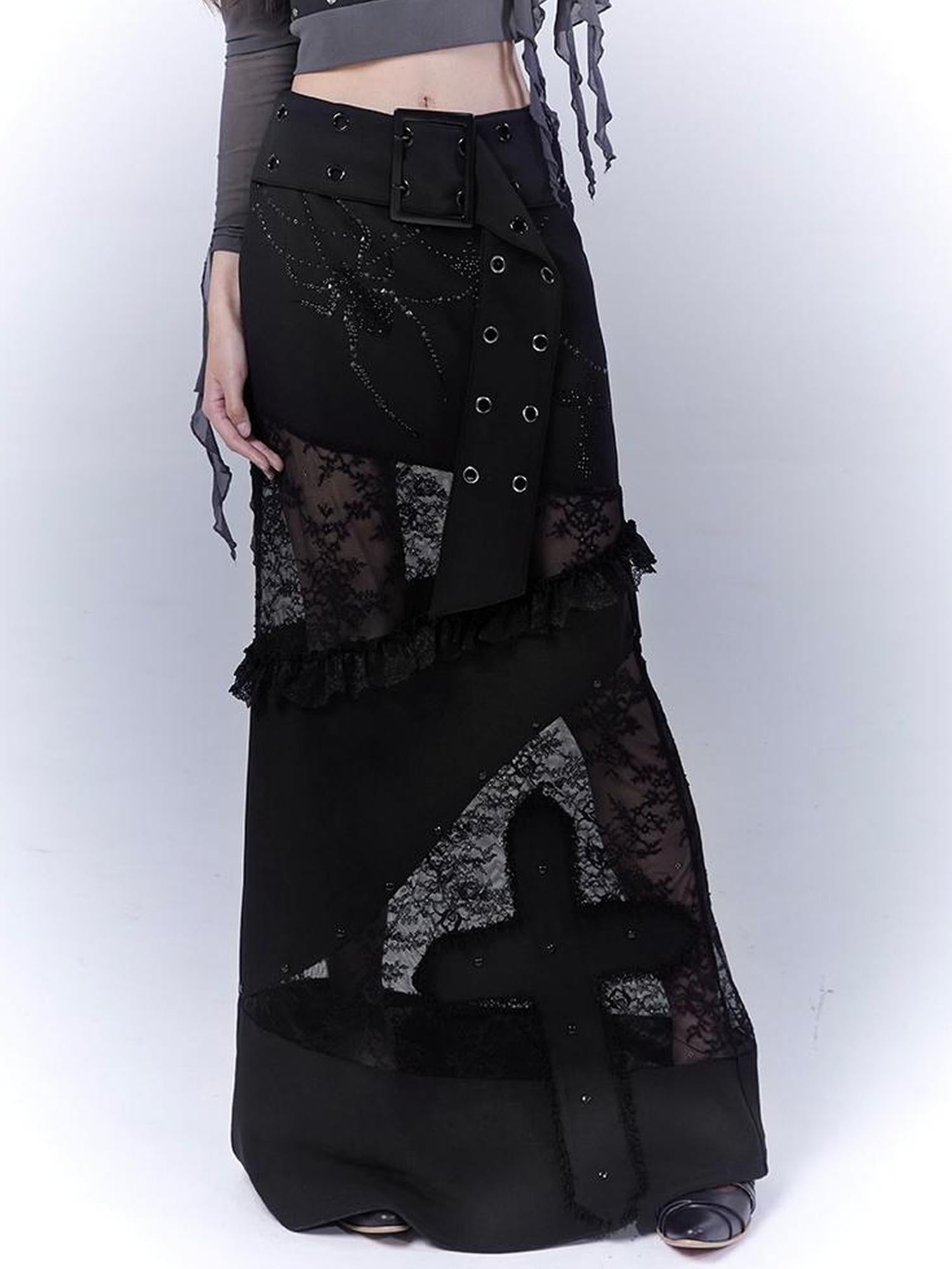 WSW WUSHENWU Lace Patchwork Dark Low Rise Slim Straight Skirt