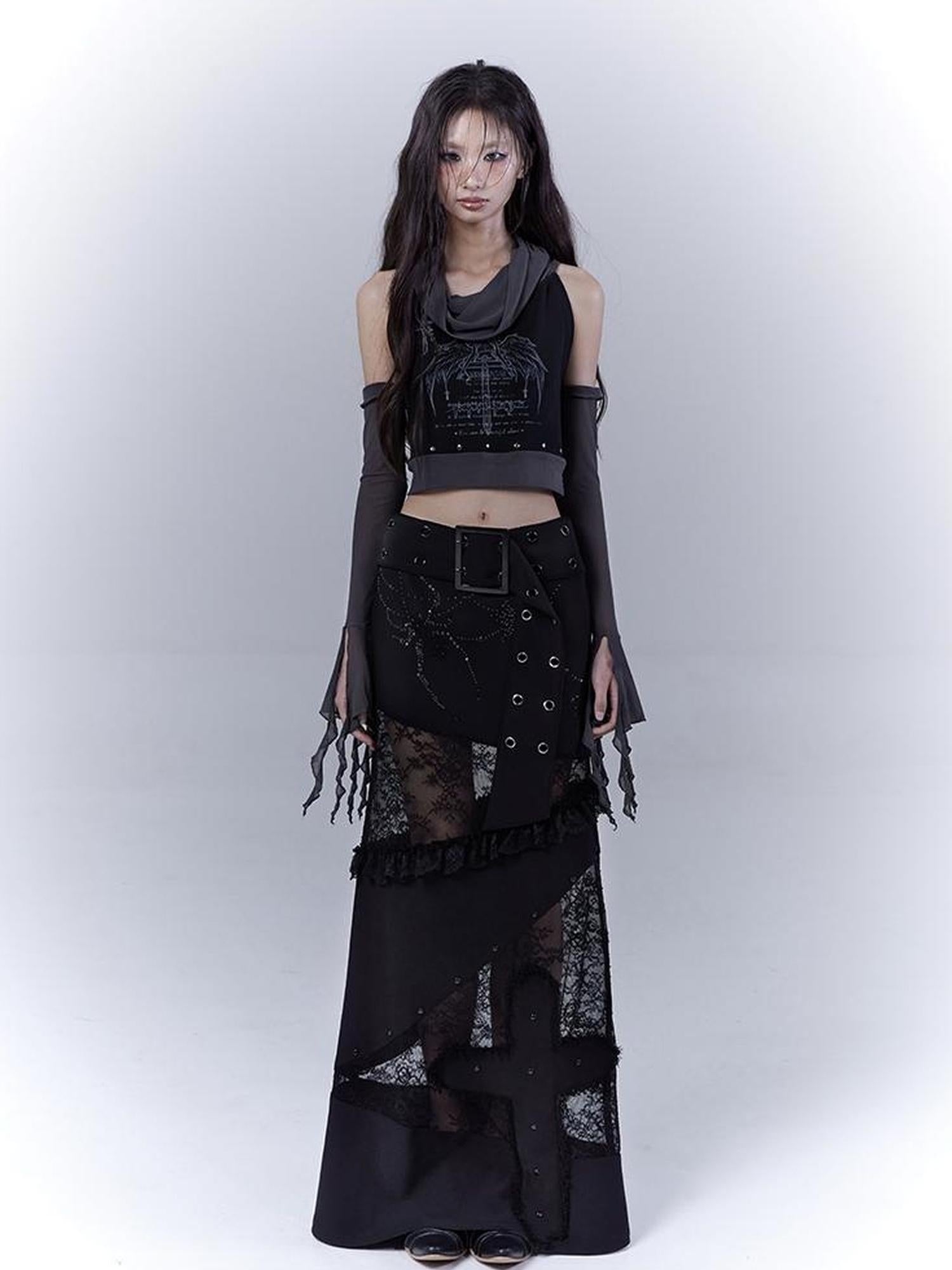 WSW WUSHENWU Lace Patchwork Dark Low Rise Slim Straight Skirt