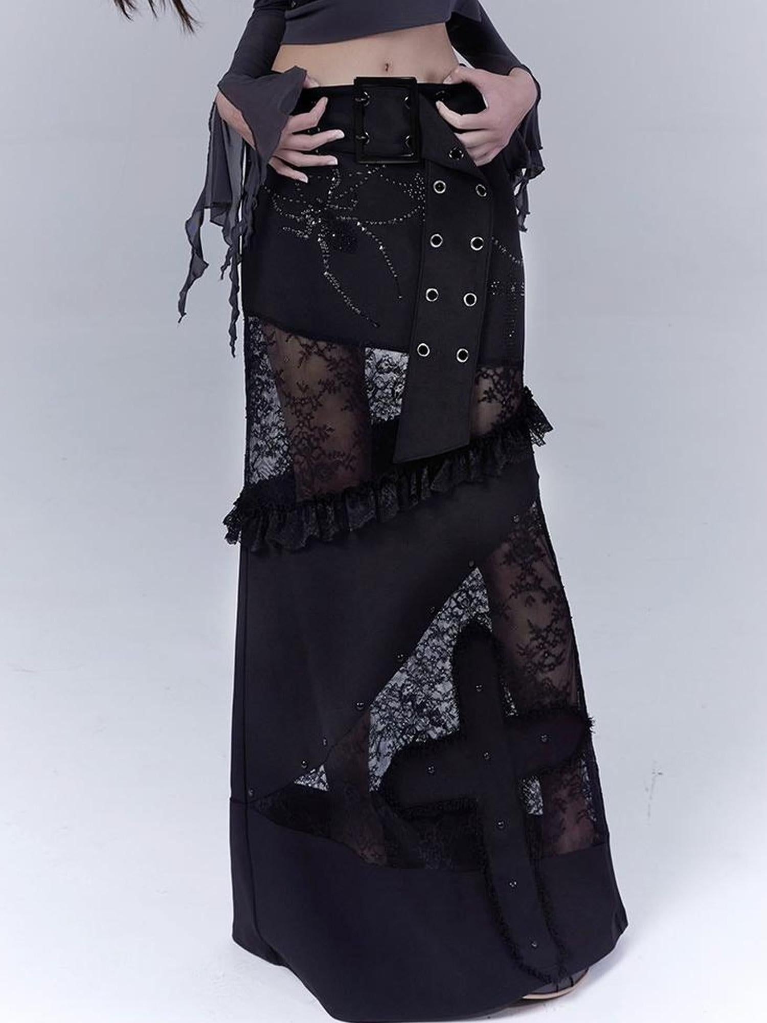 WSW WUSHENWU Lace Patchwork Dark Low Rise Slim Straight Skirt