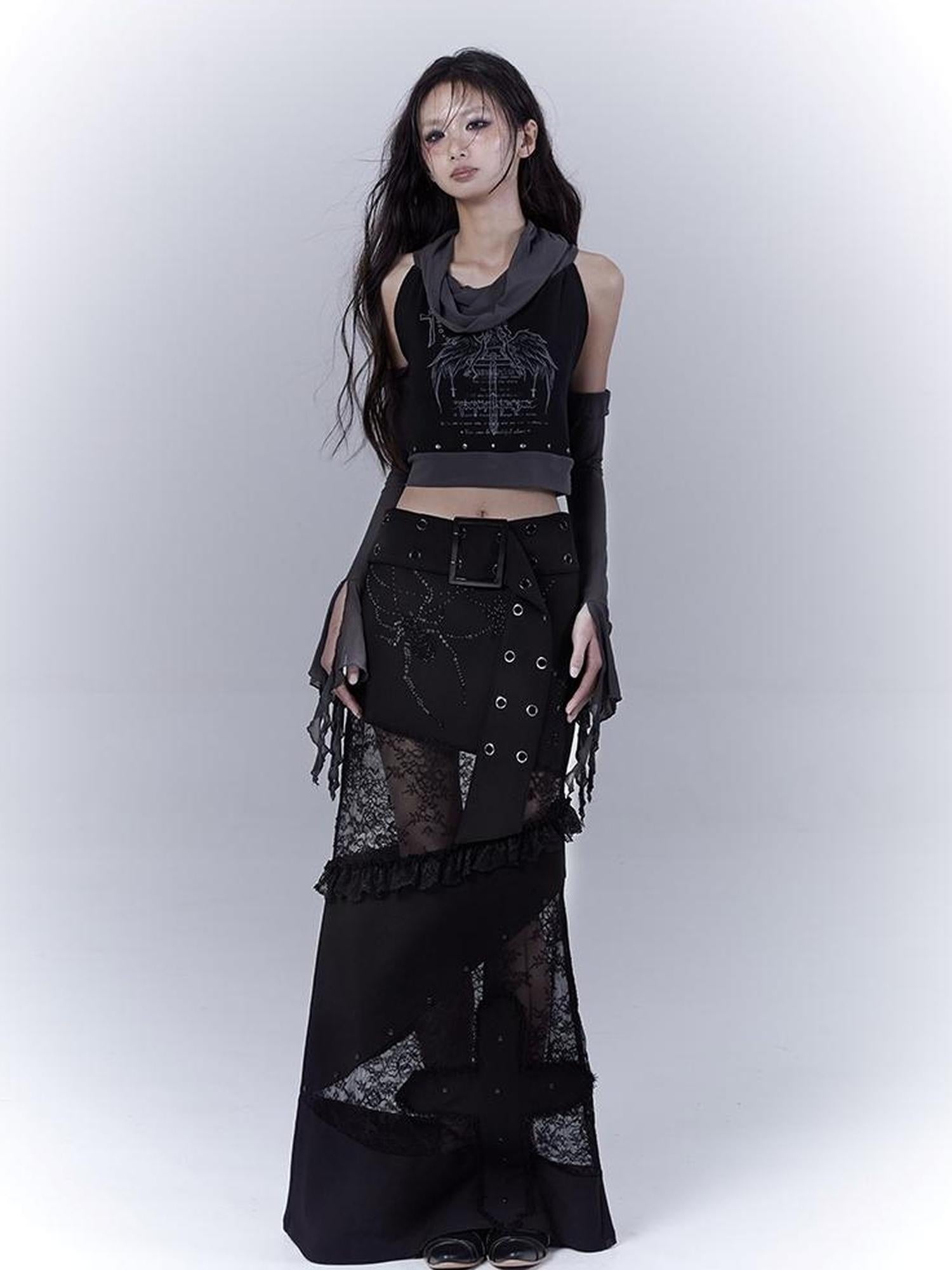 WSW WUSHENWU Lace Patchwork Dark Low Rise Slim Straight Skirt