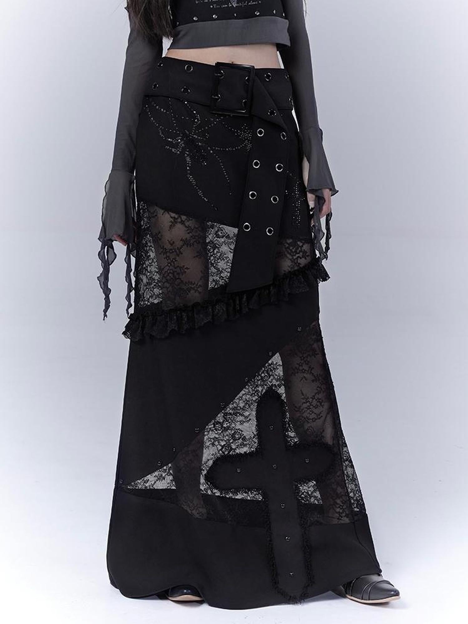 WSW WUSHENWU Lace Patchwork Dark Low Rise Slim Straight Skirt