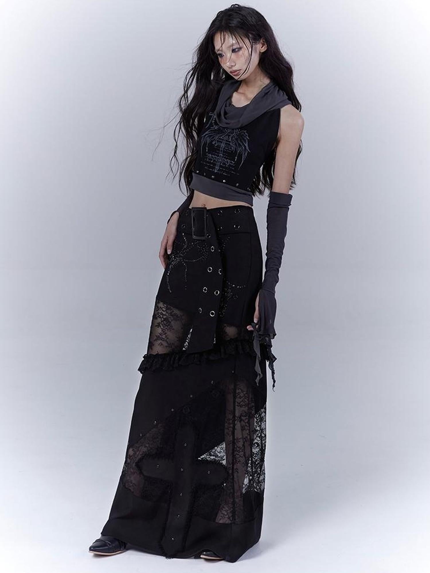WSW WUSHENWU Lace Patchwork Dark Low Rise Slim Straight Skirt