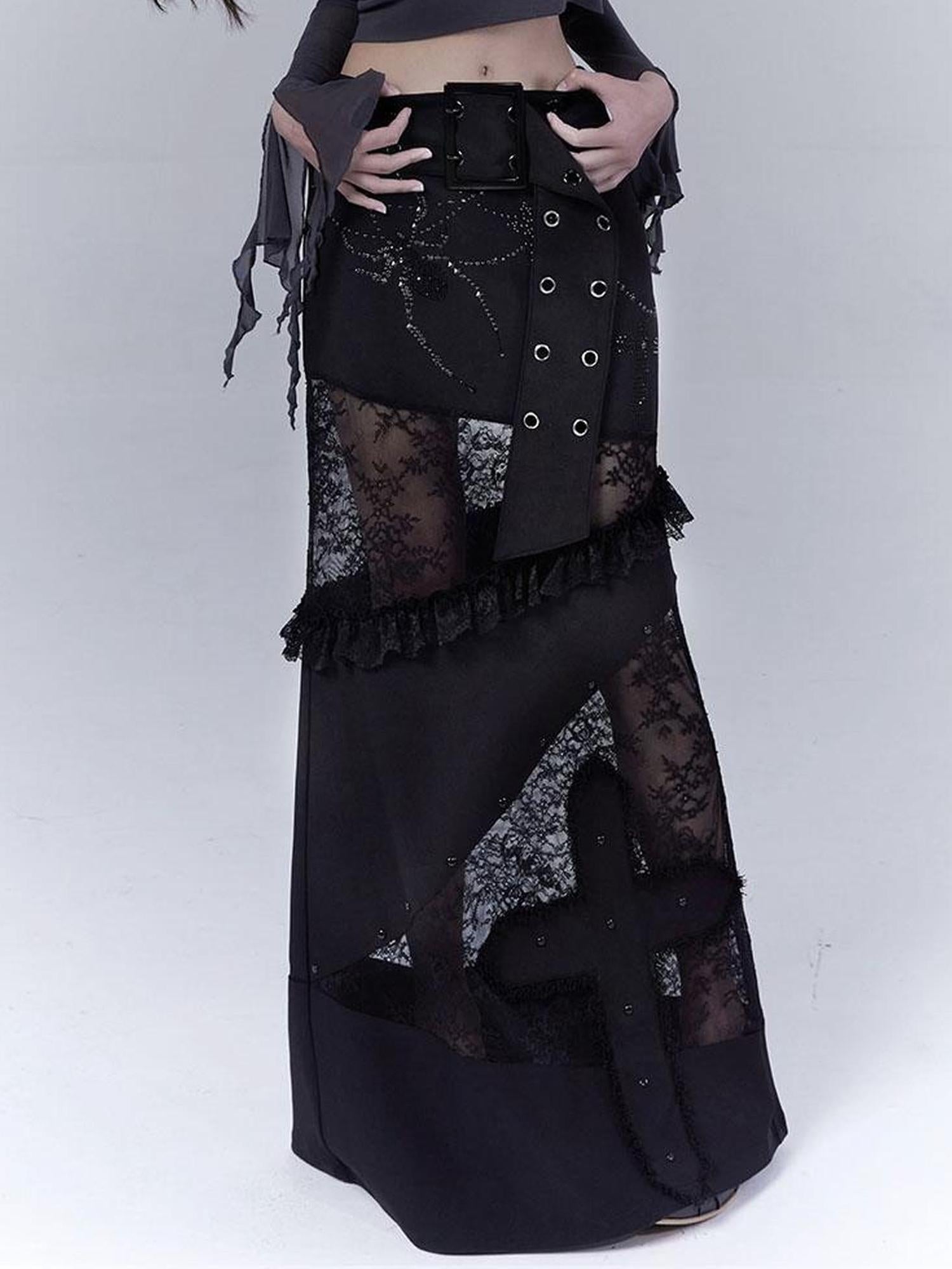 WSW WUSHENWU Lace Patchwork Dark Low Rise Slim Straight Skirt