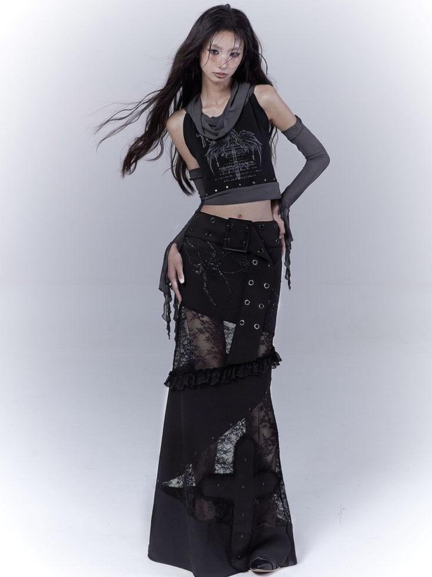 WSW WUSHENWU Lace Patchwork Dark Low Rise Slim Straight Skirt