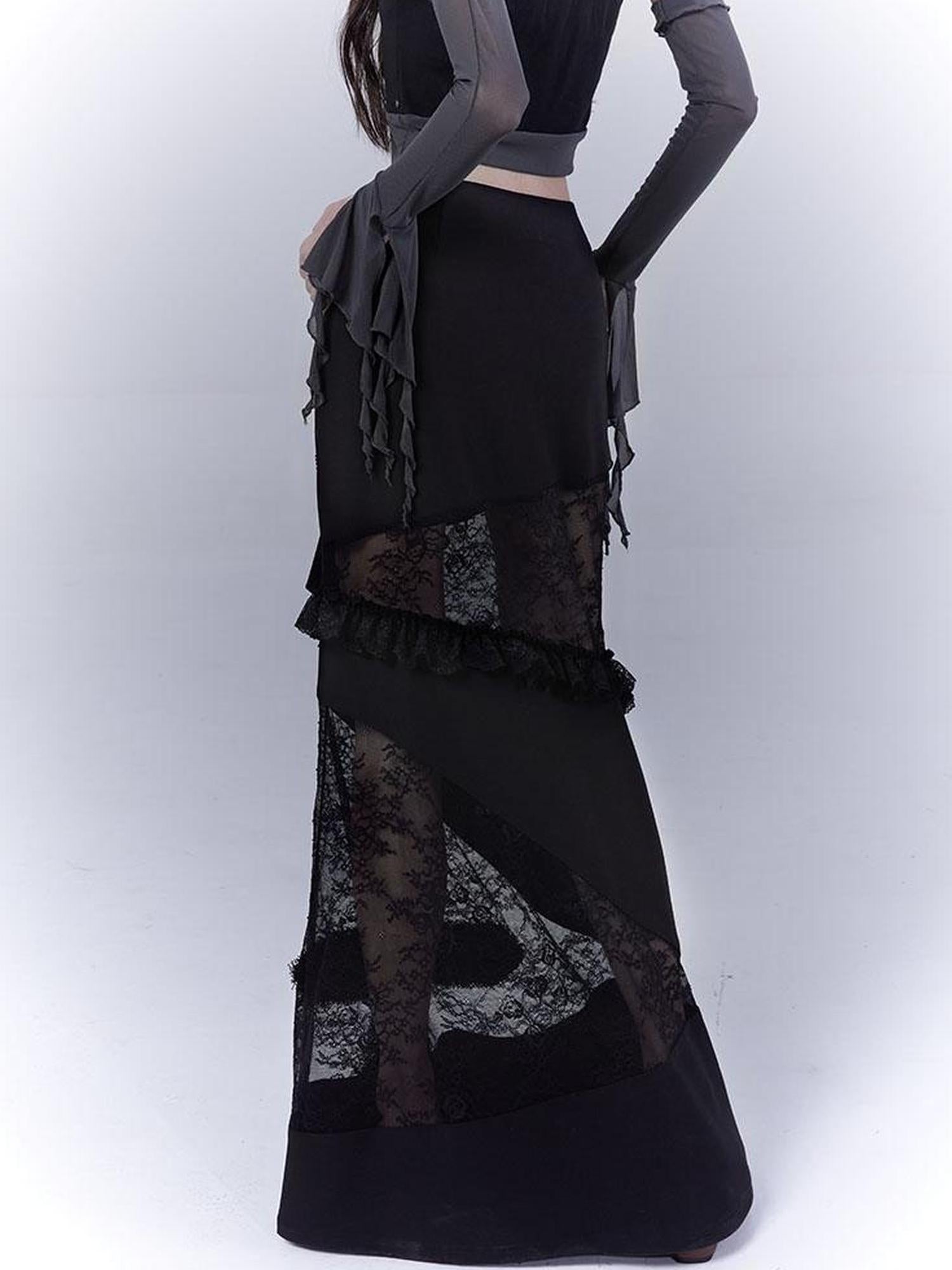 WSW WUSHENWU Lace Patchwork Dark Low Rise Slim Straight Skirt