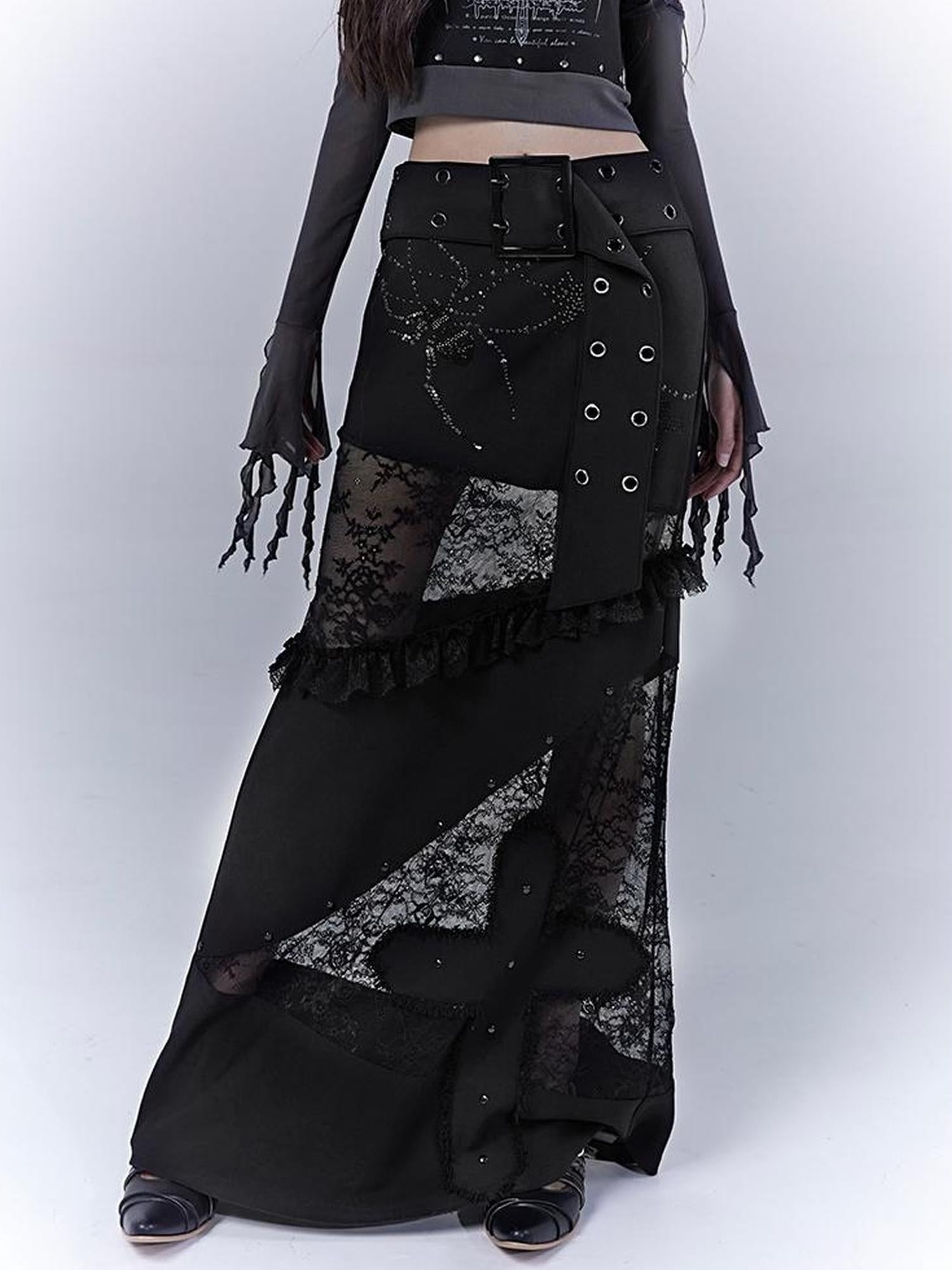WSW WUSHENWU Lace Patchwork Dark Low Rise Slim Straight Skirt