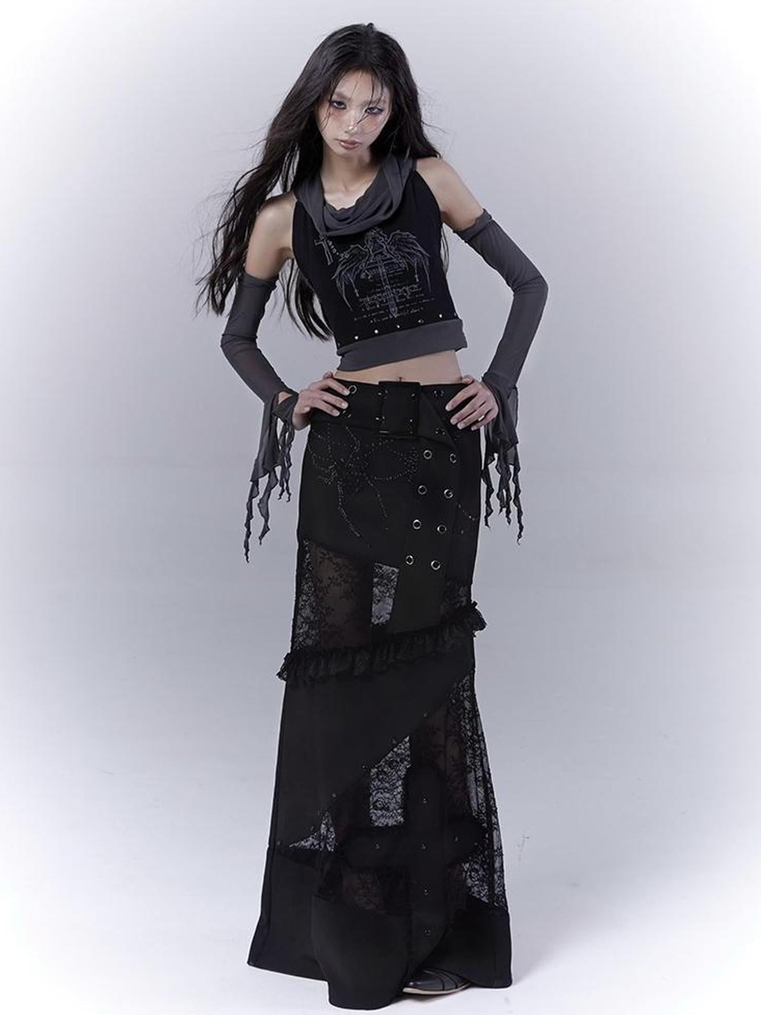 WSW WUSHENWU Lace Patchwork Dark Low Rise Slim Straight Skirt