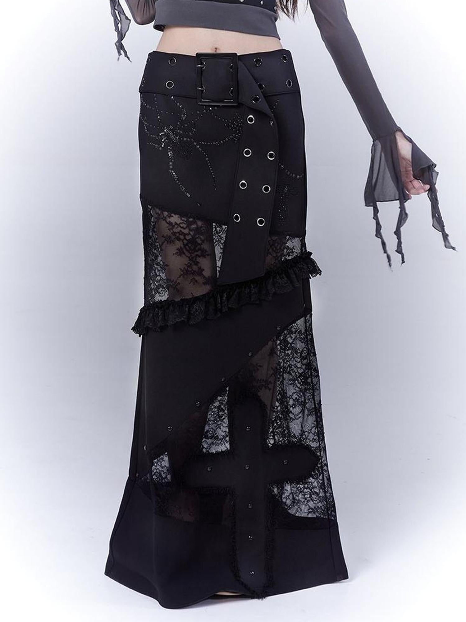 WSW WUSHENWU Lace Patchwork Dark Low Rise Slim Straight Skirt