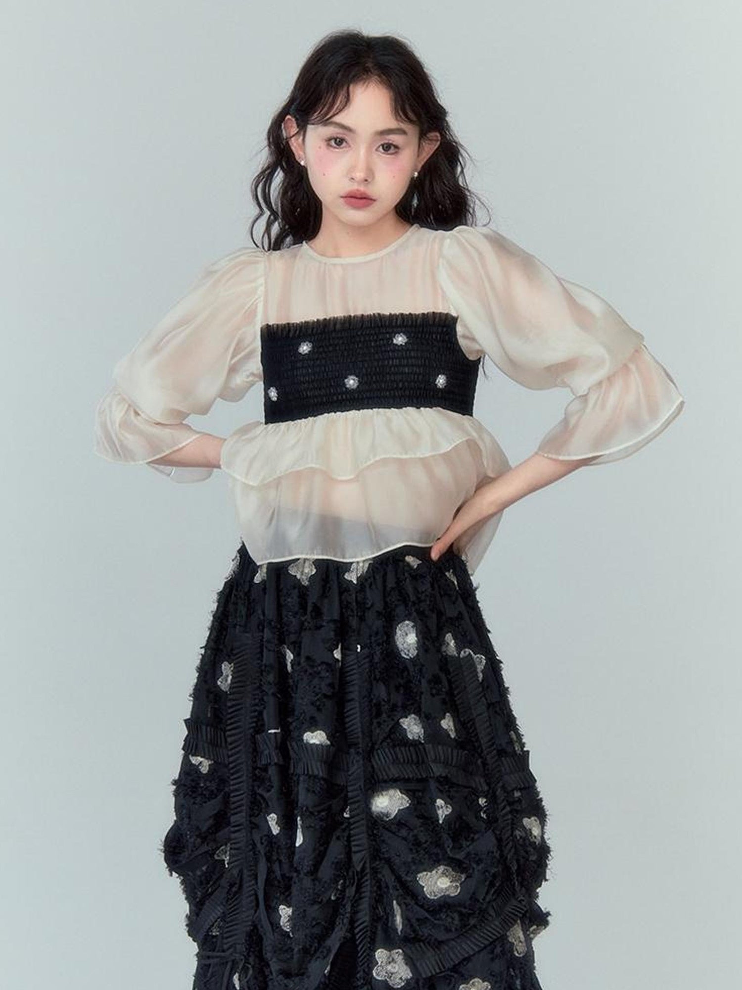 DIDDI MODA Lace Puff Sleeve Crop Top With Sheer Layered Hem