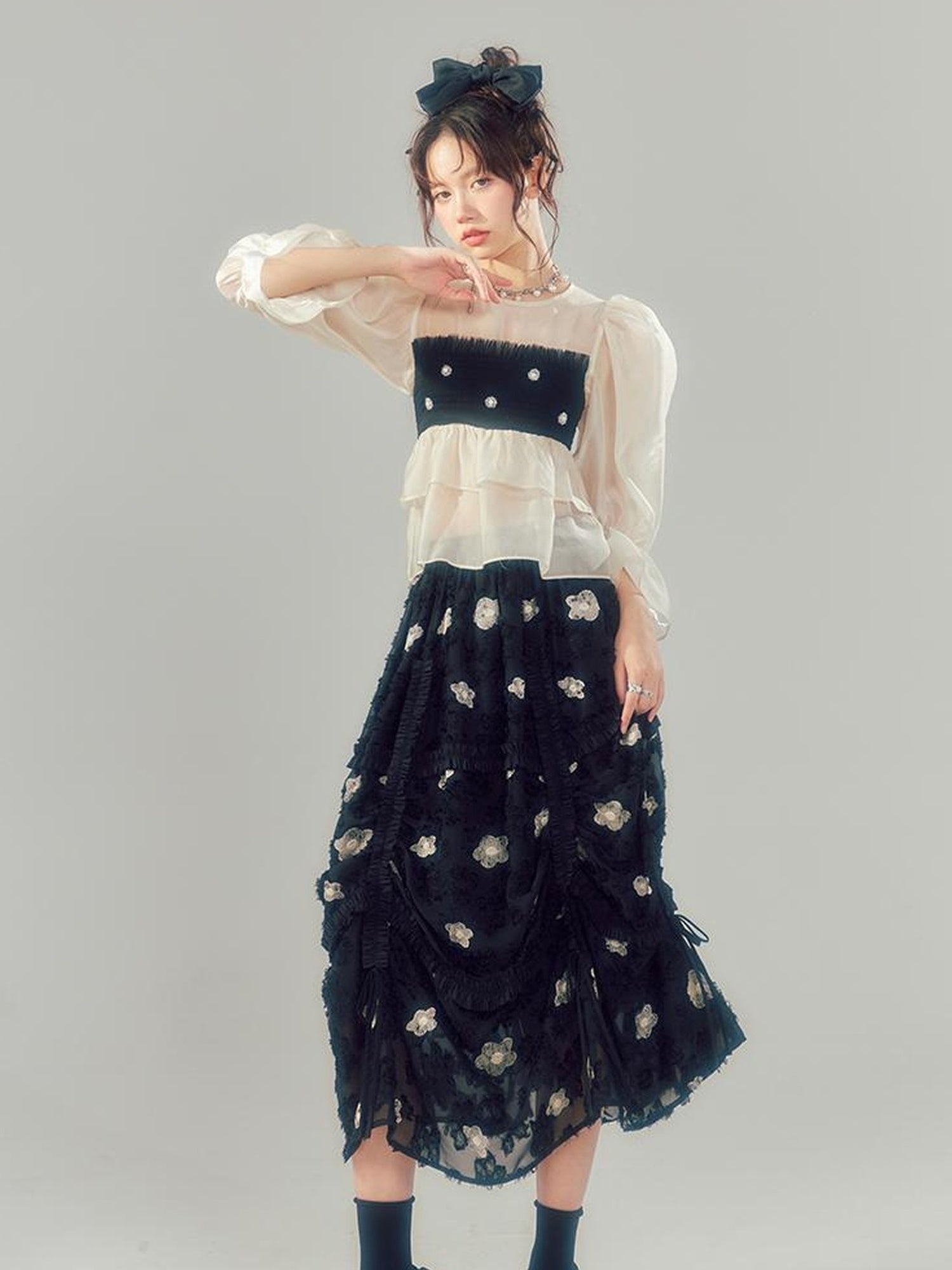 DIDDI MODA Lace Puff Sleeve Crop Top With Sheer Layered Hem