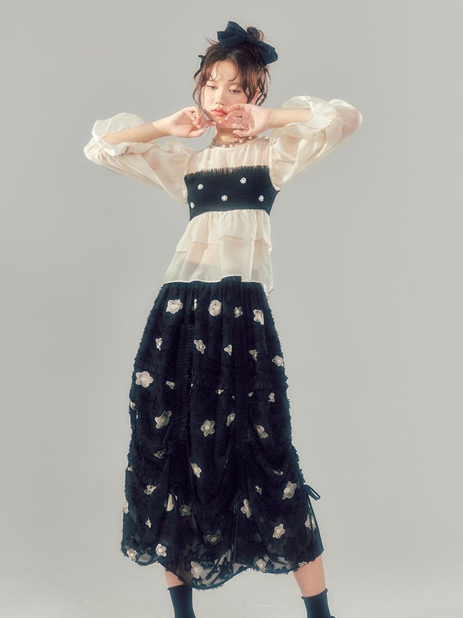 DIDDI MODA Lace Puff Sleeve Crop Top With Sheer Layered Hem