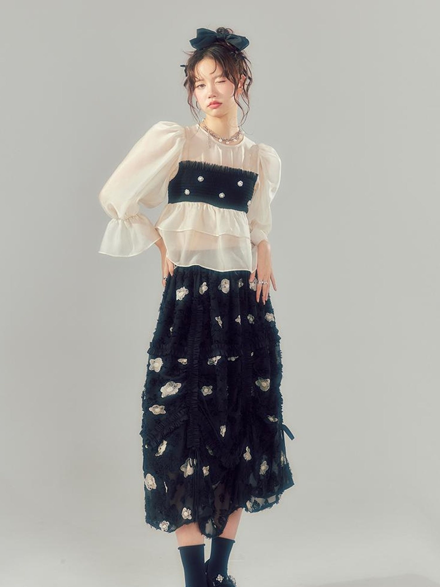 DIDDI MODA Lace Puff Sleeve Crop Top With Sheer Layered Hem