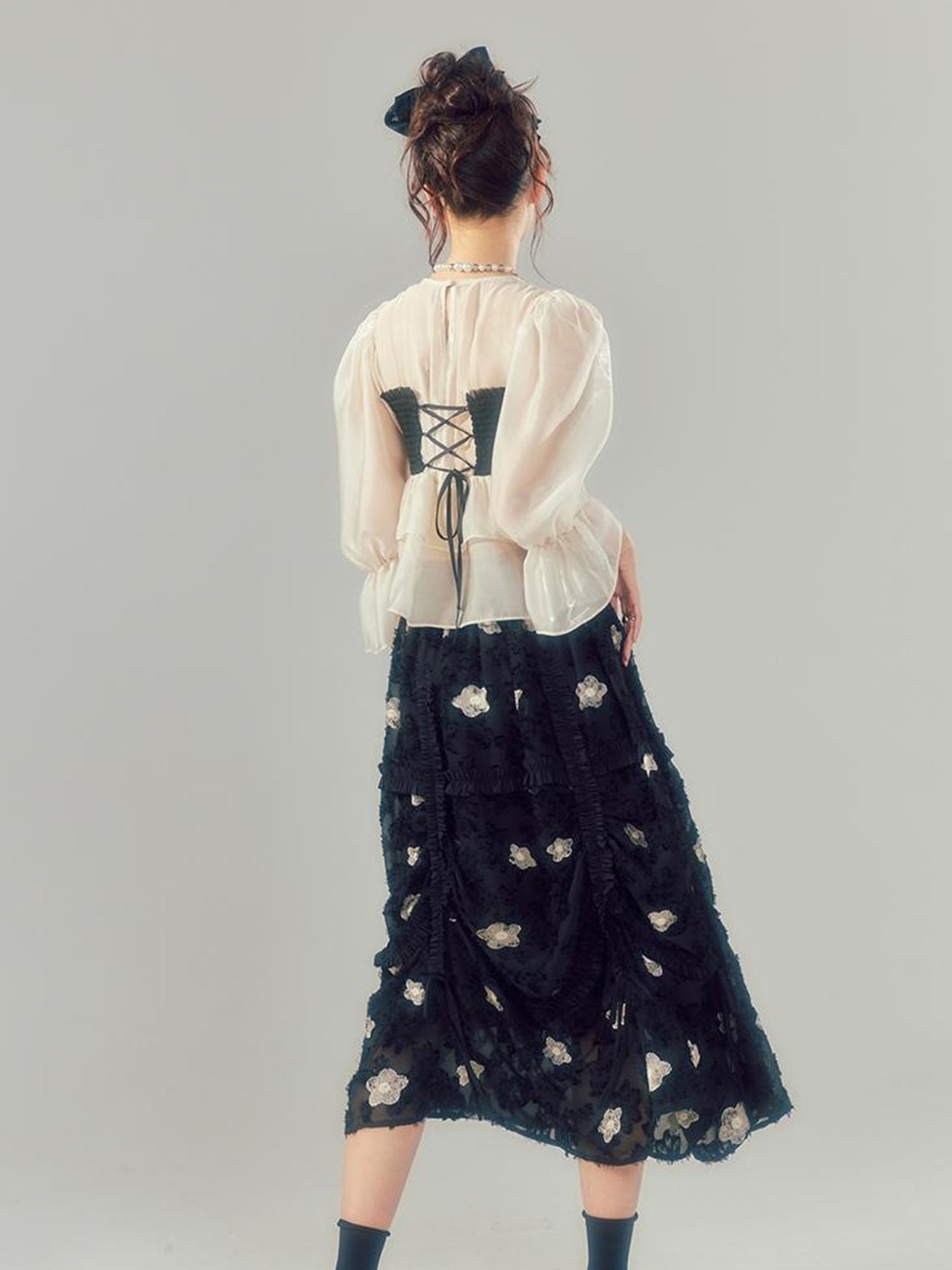 DIDDI MODA Lace Puff Sleeve Crop Top With Sheer Layered Hem