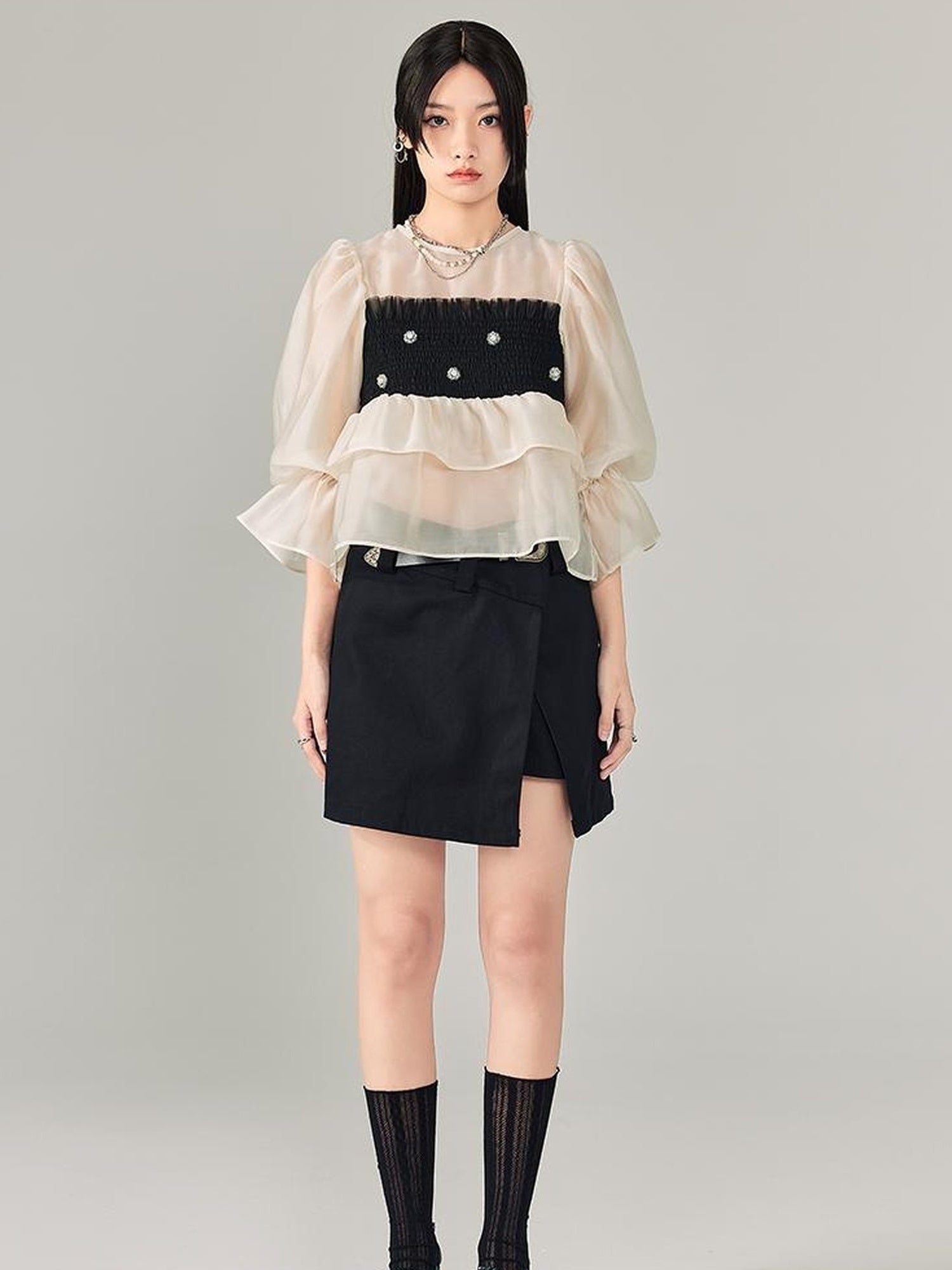 DIDDI MODA Lace Puff Sleeve Crop Top With Sheer Layered Hem
