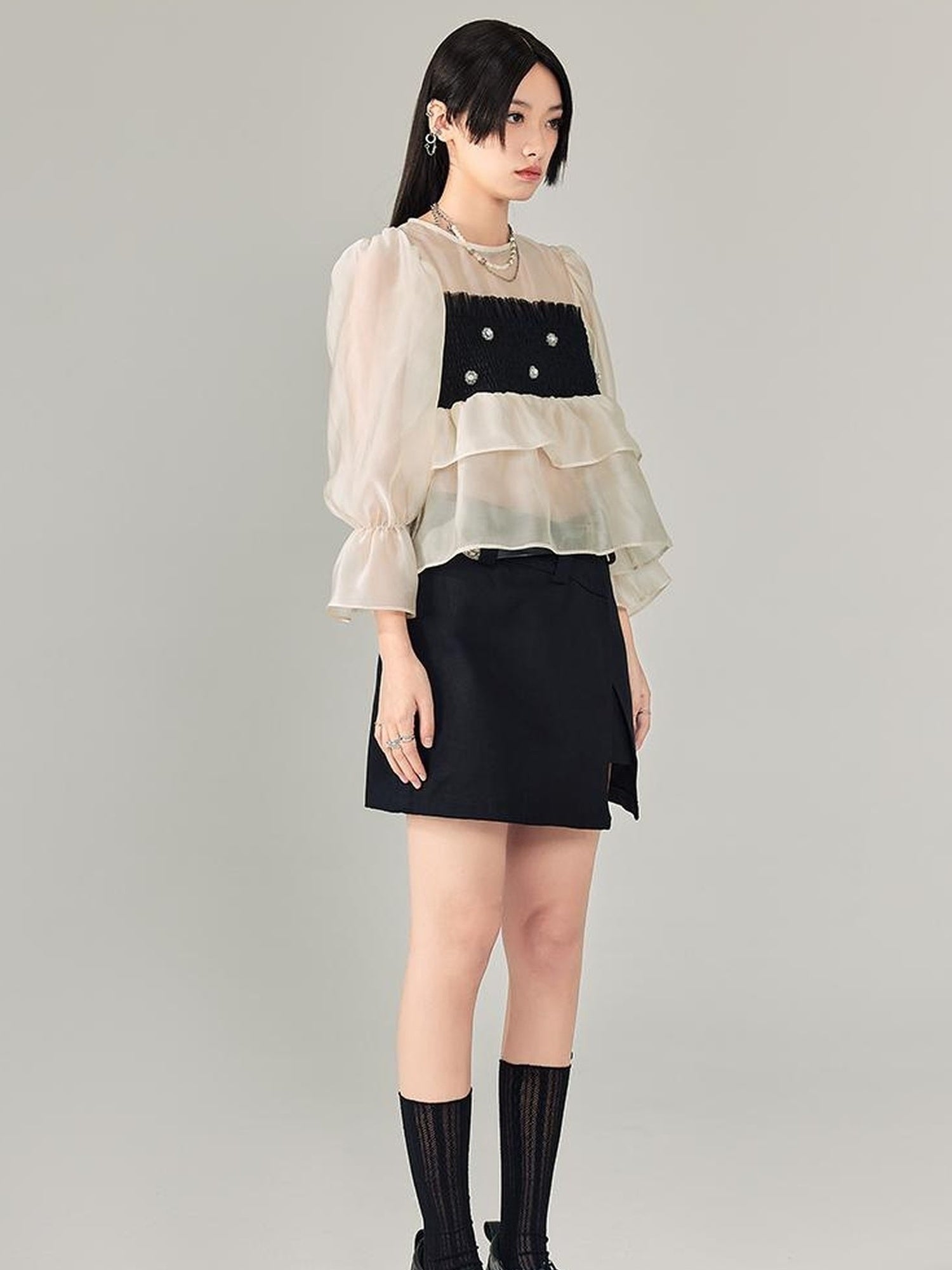 DIDDI MODA Lace Puff Sleeve Crop Top With Sheer Layered Hem