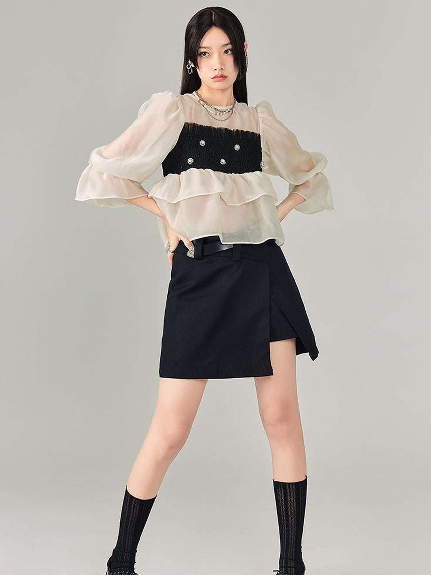 DIDDI MODA Lace Puff Sleeve Crop Top With Sheer Layered Hem